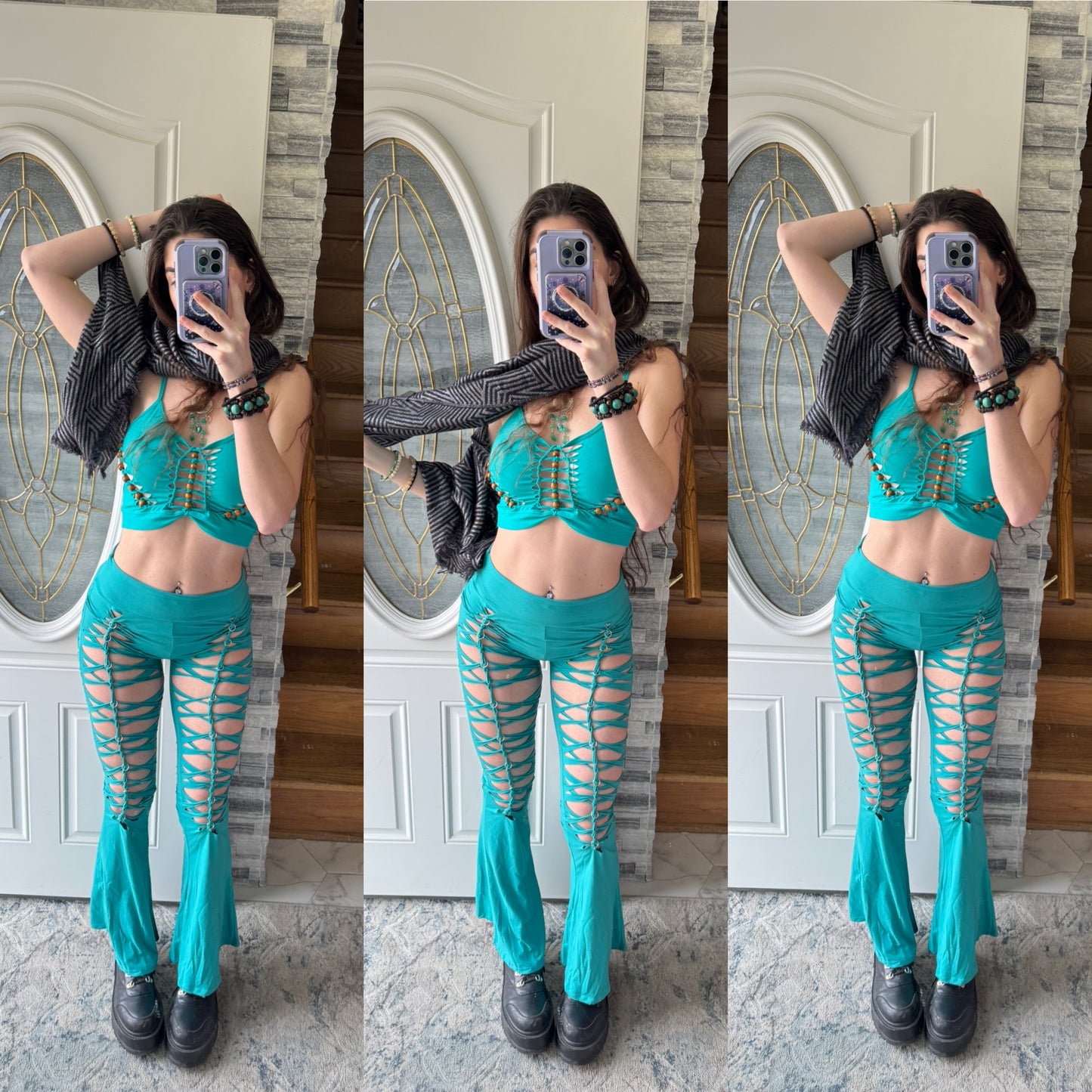 TURQUOISE BRAIDED FLARE PANTS