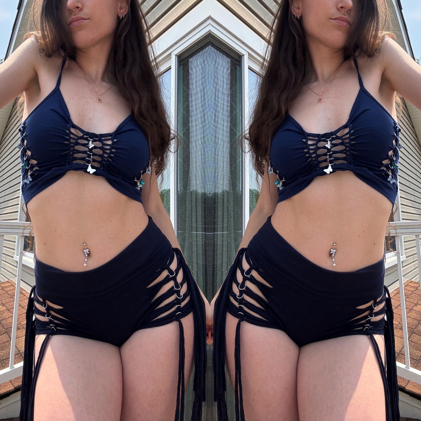 NAVY BLUE BUTTERY SOFT BRAIDED FRINGE SHORTS