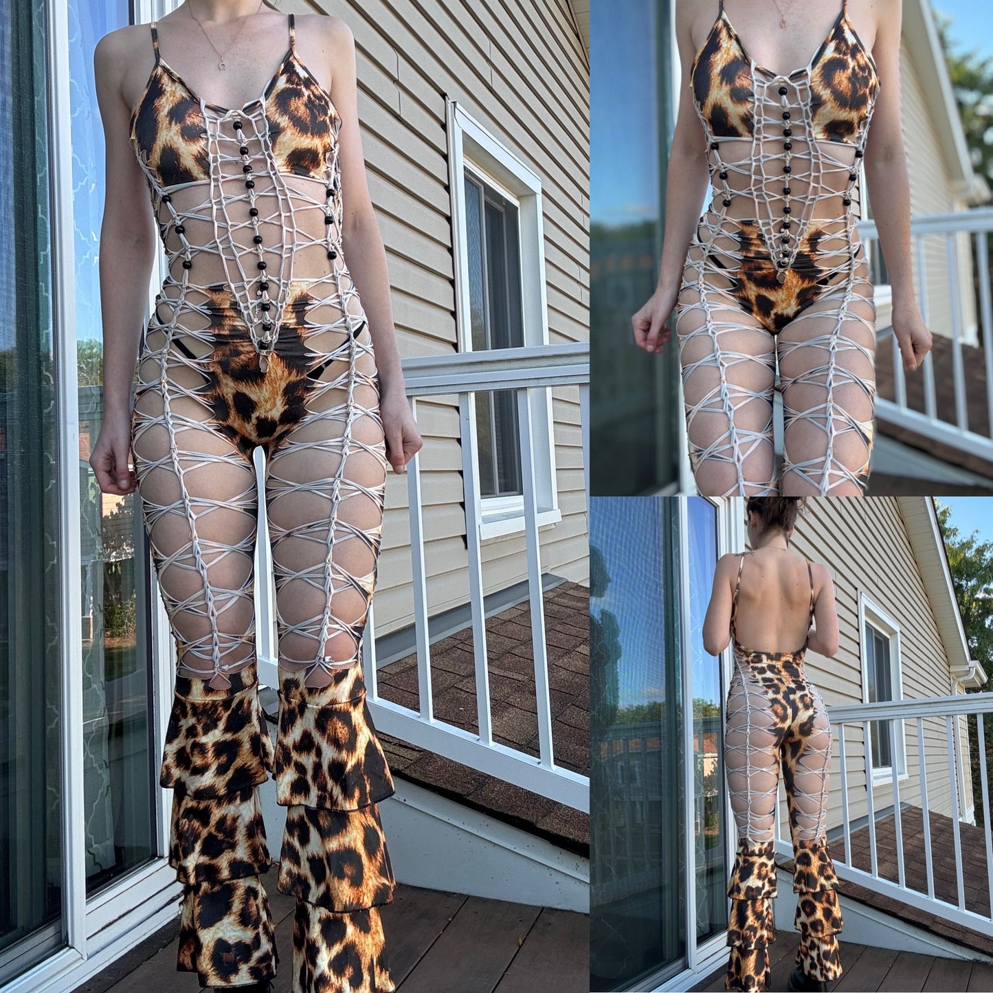 LEOPARD SLITWEAVE BRAIDED FLARE JUMPSUIT