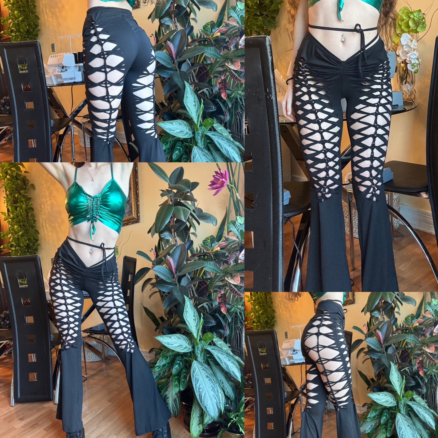 BLACK SCRUNCH WAIST FLARES WITH TIES