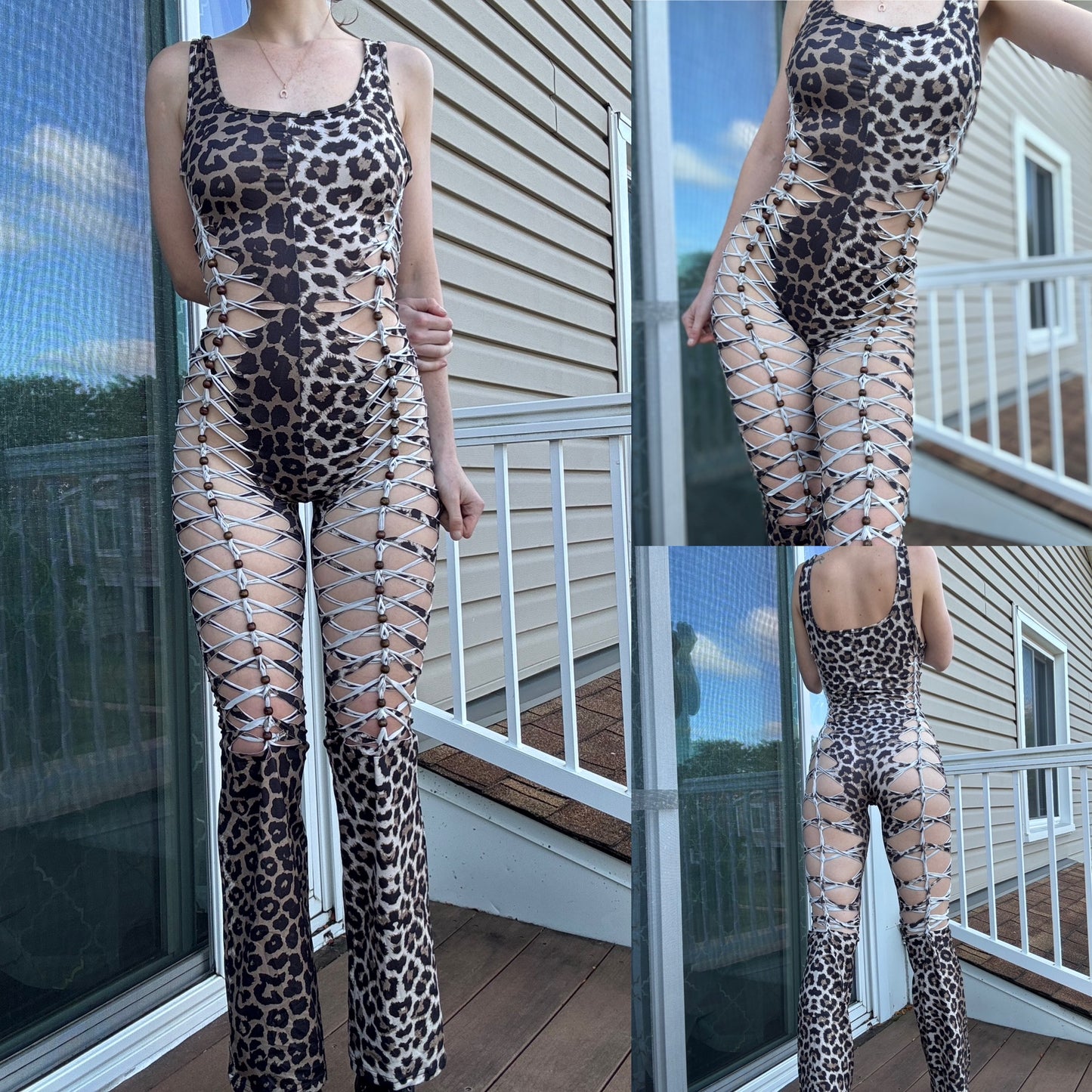 SIDE SLIT LEOPARD BRAIDED FLARE JUMPSUIT