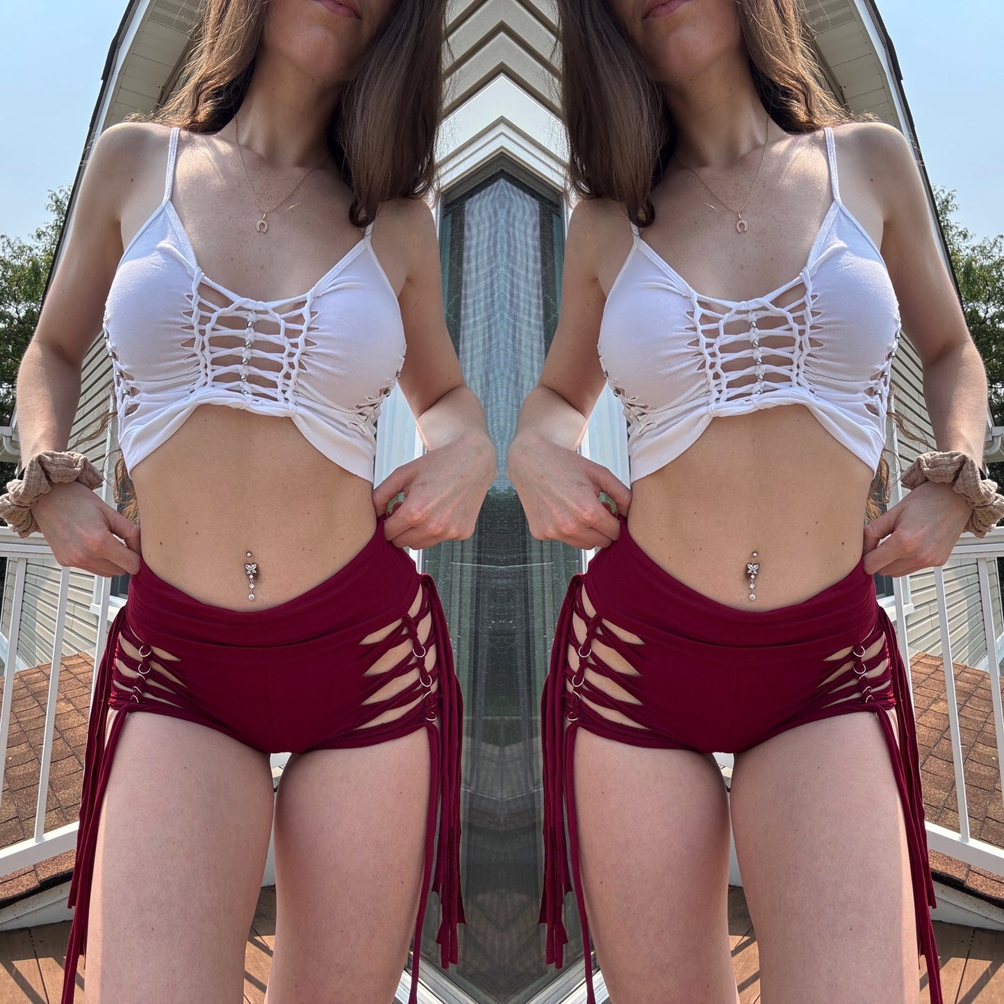 RED BUTTERY SOFT BRAIDED FRINGE SHORTS