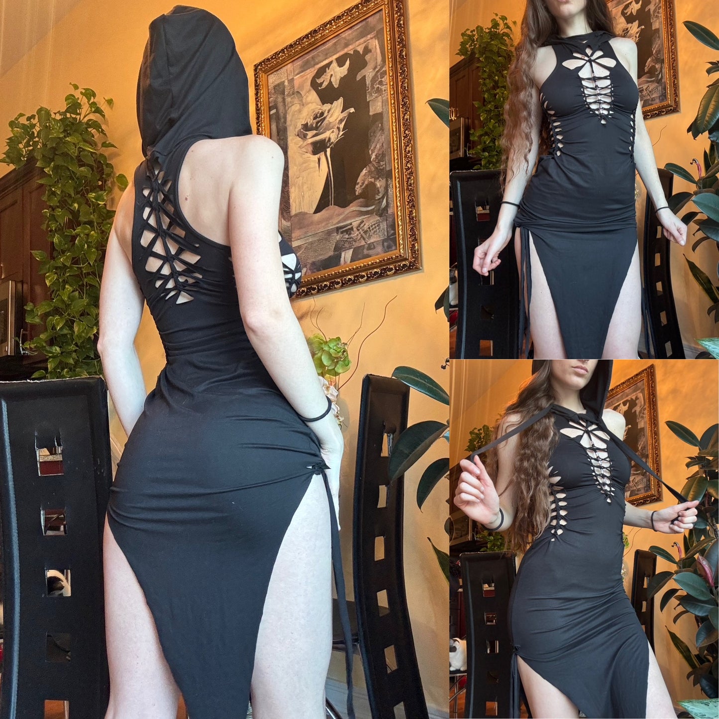 BLACK HOODED BRAIDED DRESS