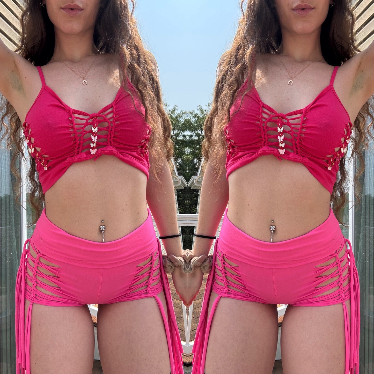 PINK BUTTERY SOFT BRAIDED FRINGE SHORTS