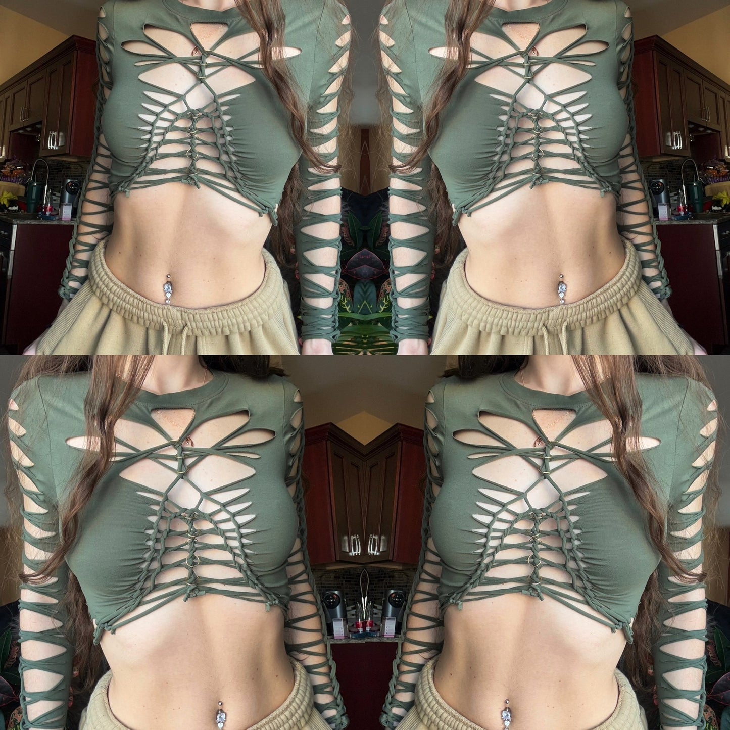 OLIVE BRAIDED LONG SLEEVE TOP