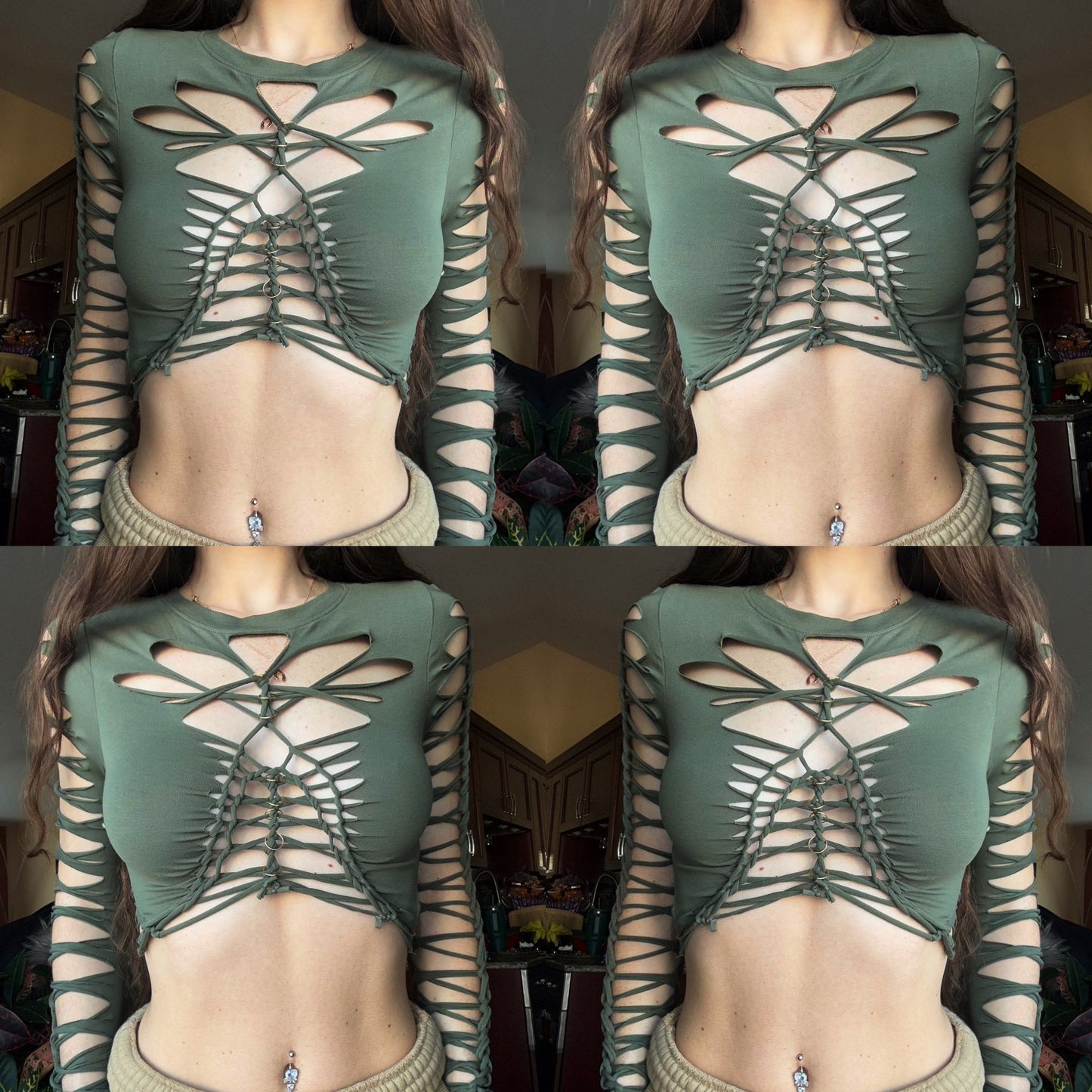 OLIVE BRAIDED LONG SLEEVE TOP