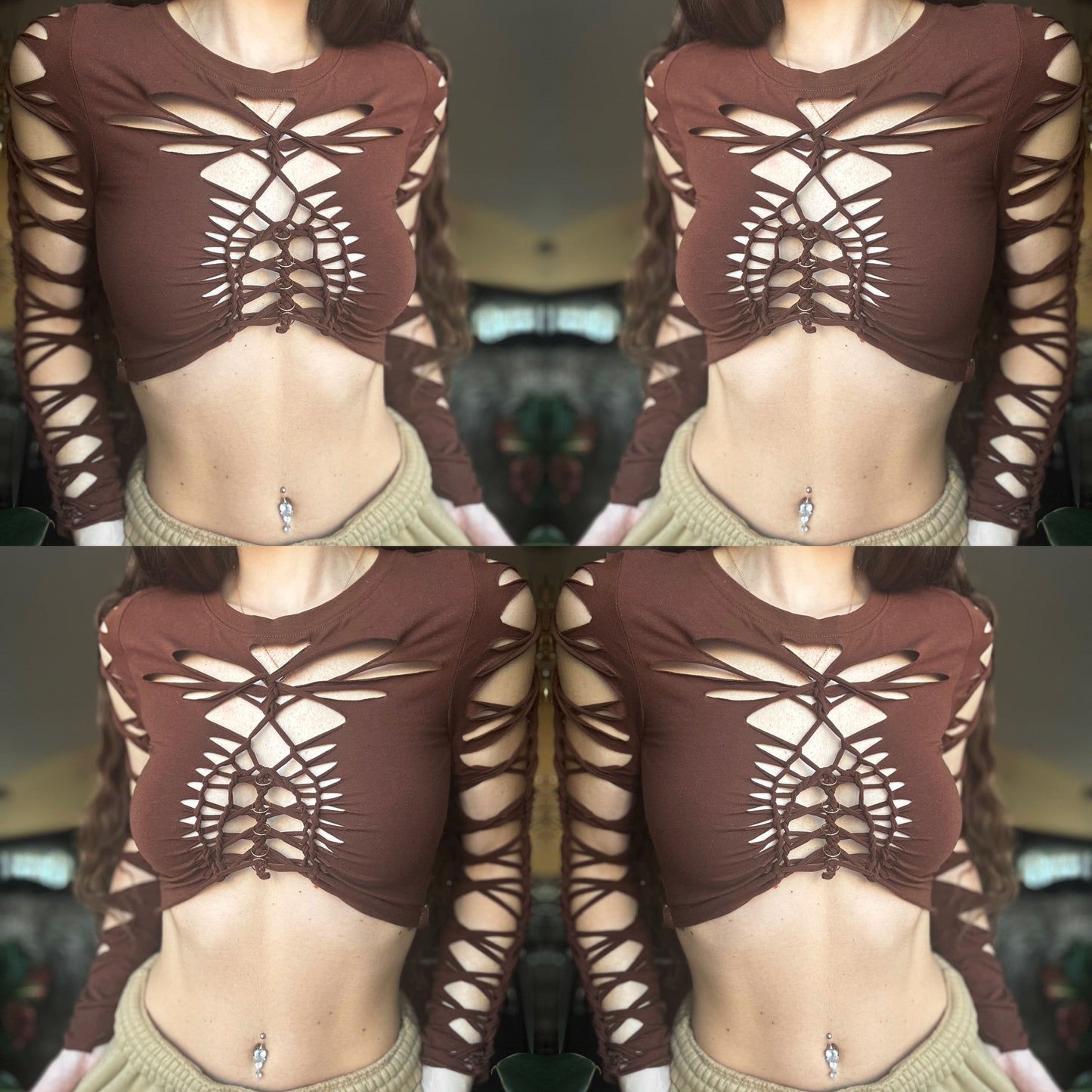 CHOCOLATE BROWN SLITWEAVE LONG SLEEVE TOP