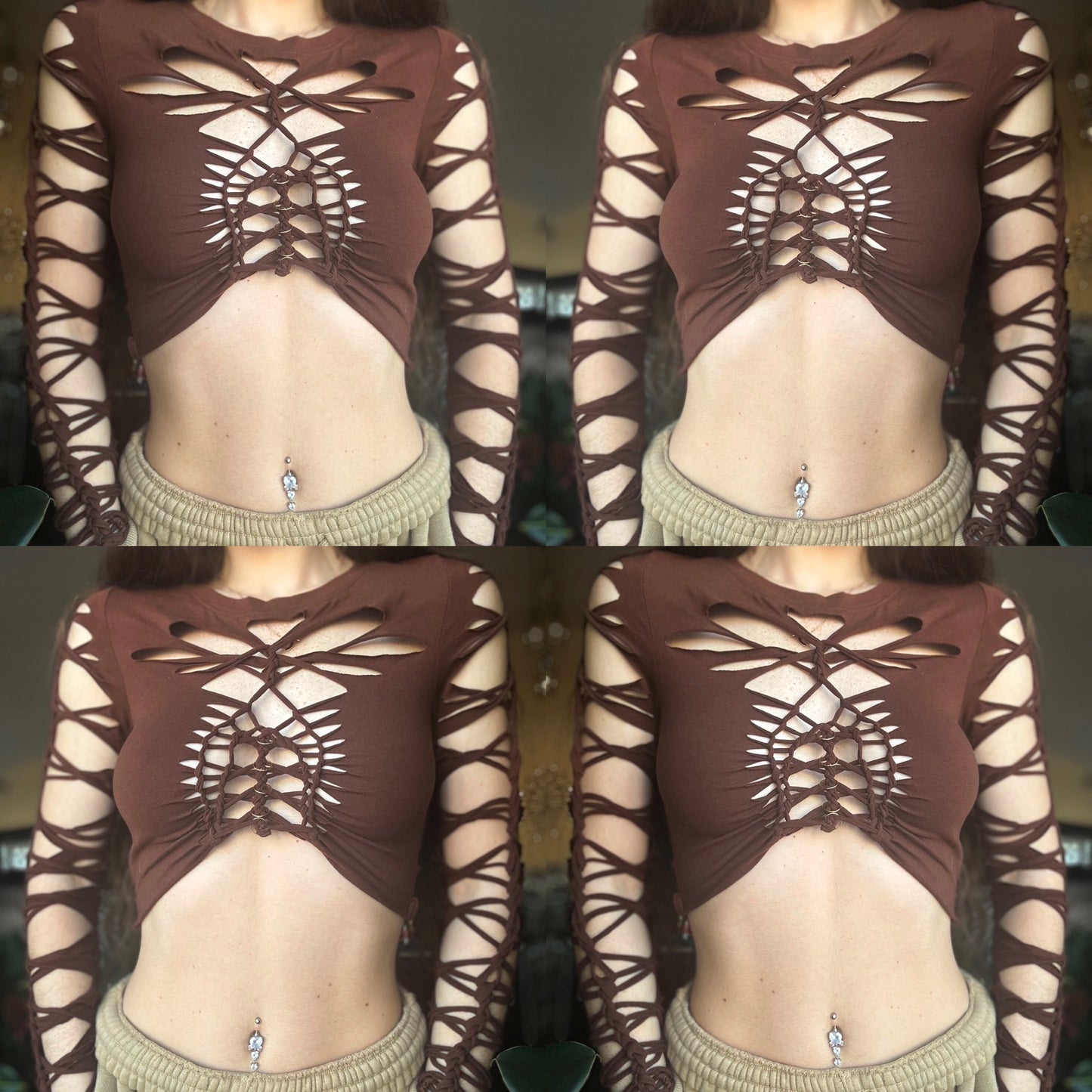 CHOCOLATE BROWN SLITWEAVE LONG SLEEVE TOP