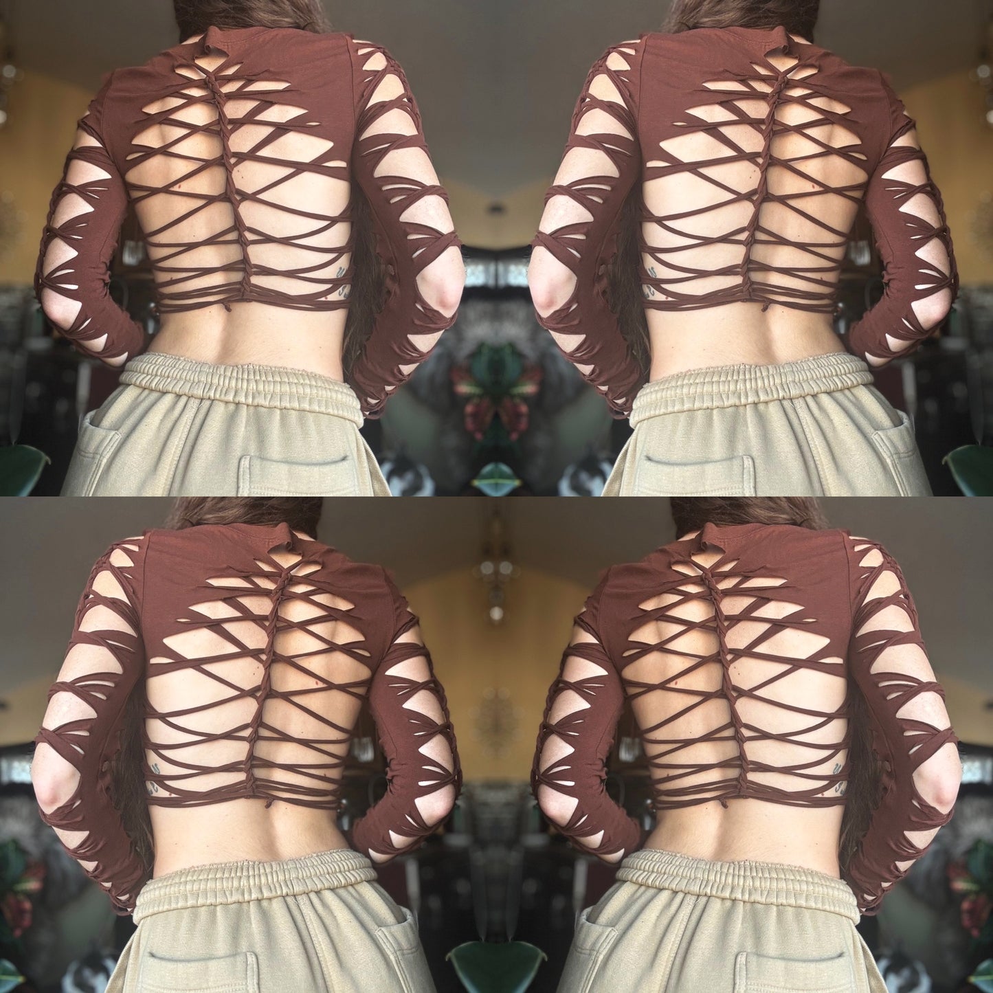 CHOCOLATE BROWN SLITWEAVE LONG SLEEVE TOP