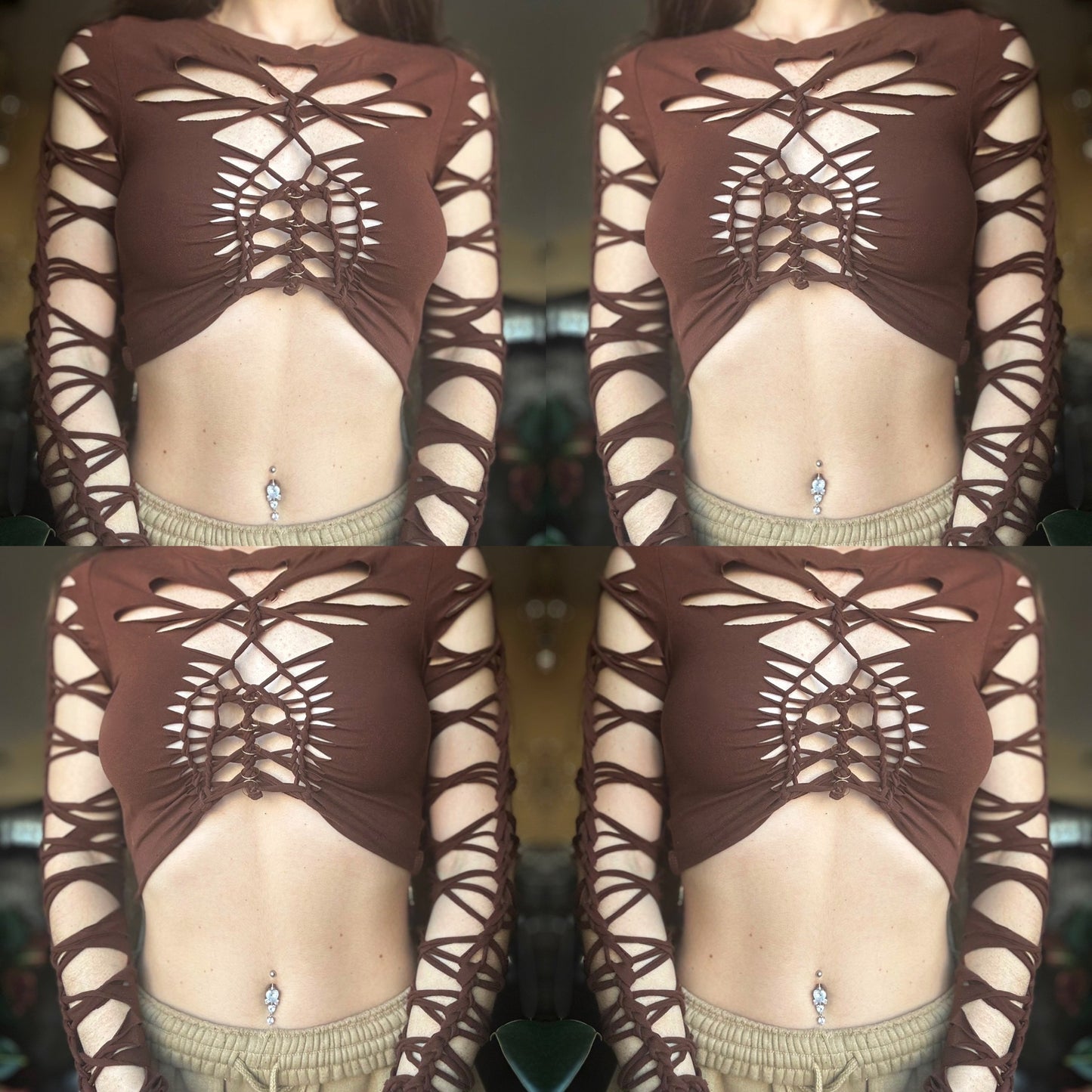 CHOCOLATE BROWN SLITWEAVE LONG SLEEVE TOP