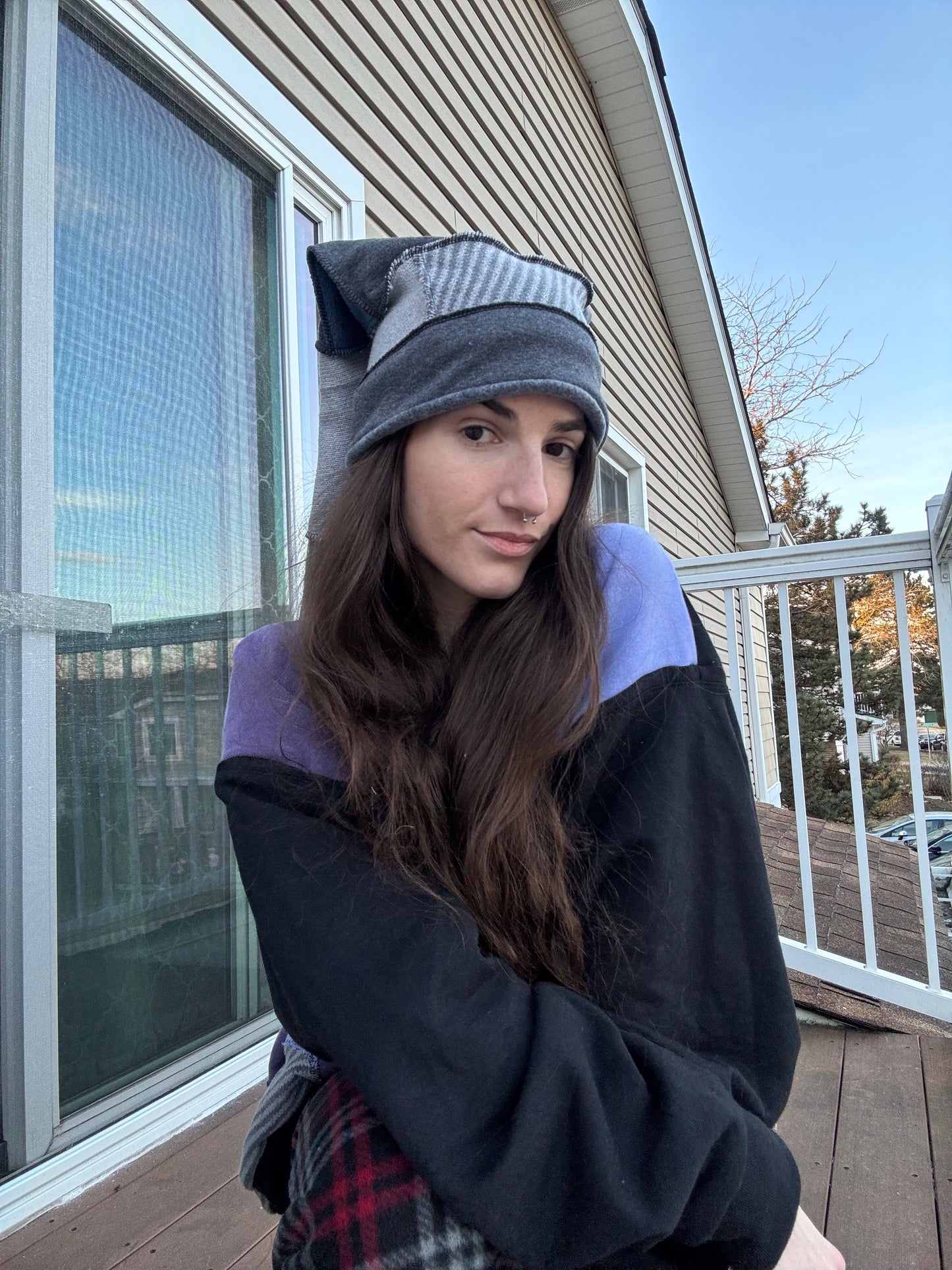 GREYSCALE UPCYCLED PIXIE CAT HAT
