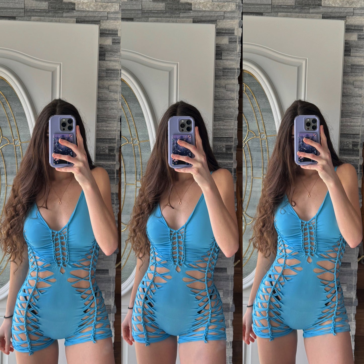 BABY BLUE SLITWEAVE BRAIDED ROMPER