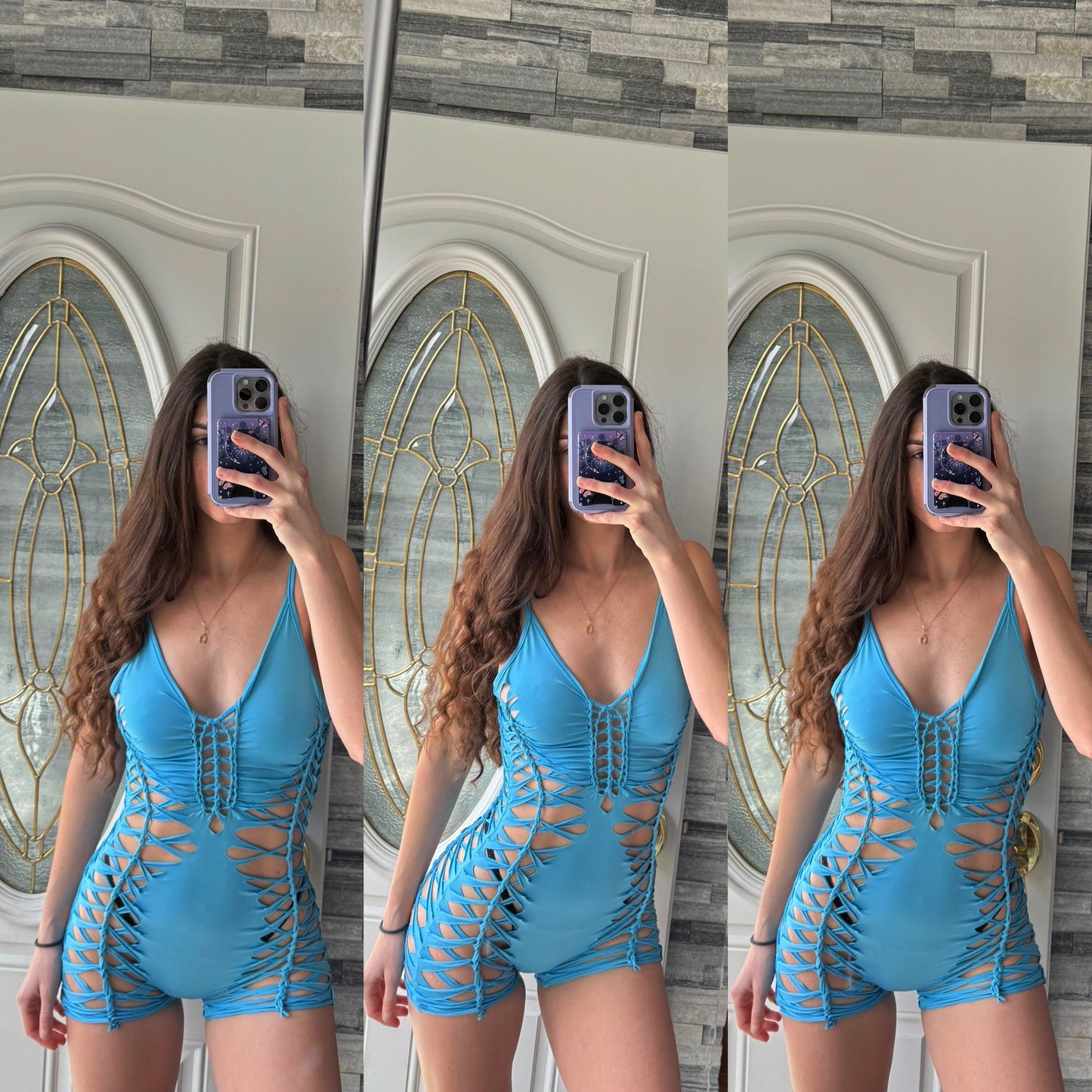 BABY BLUE SLITWEAVE BRAIDED ROMPER