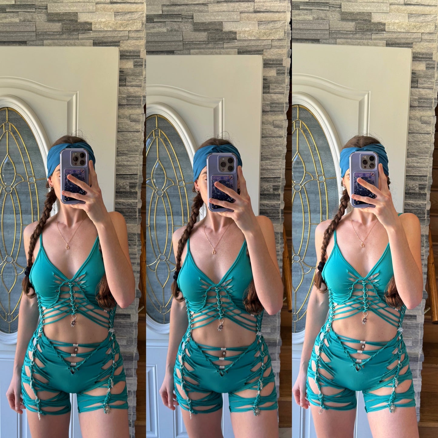 TEAL STRAPPY SLITWEAVE BRAIDED ROMPER