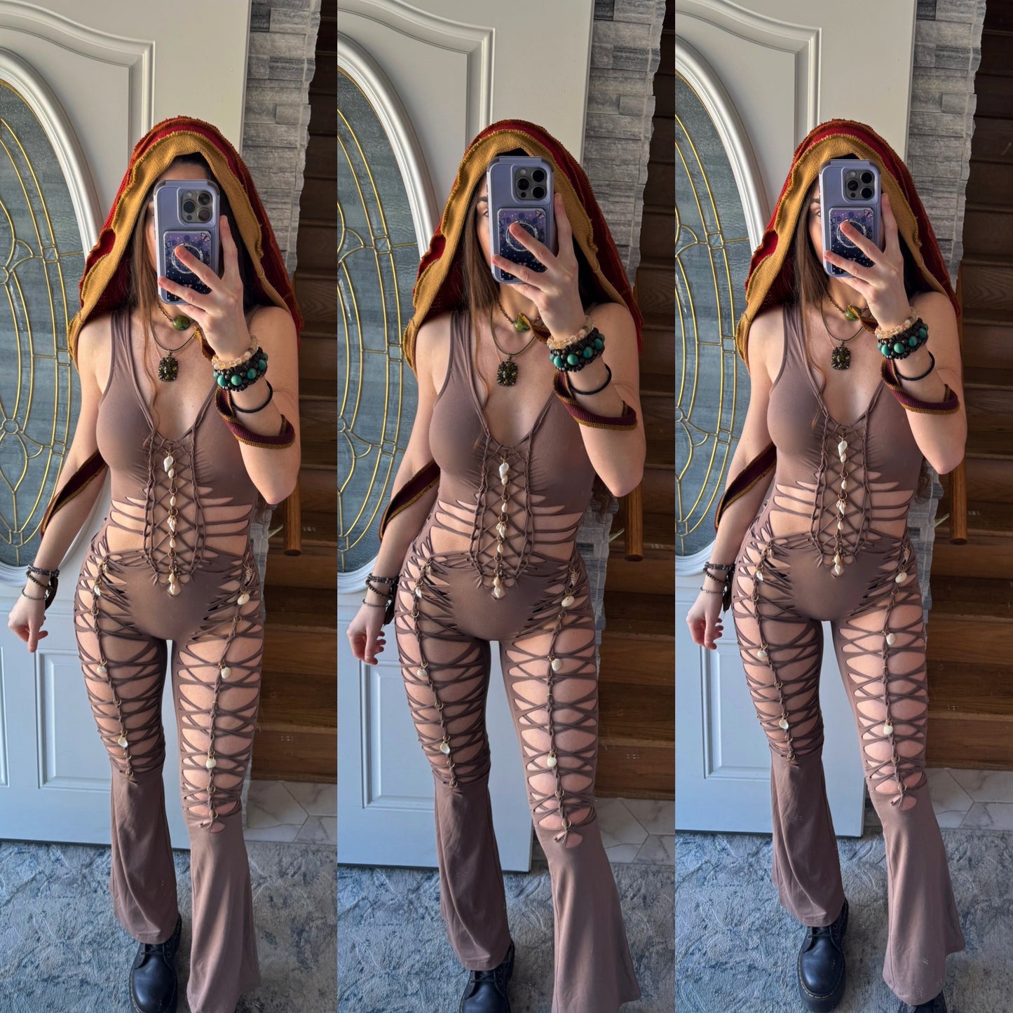 THE SǏREN JUMPSUIT - BROWN FLARE SLITWEAVE JUMPSUIT