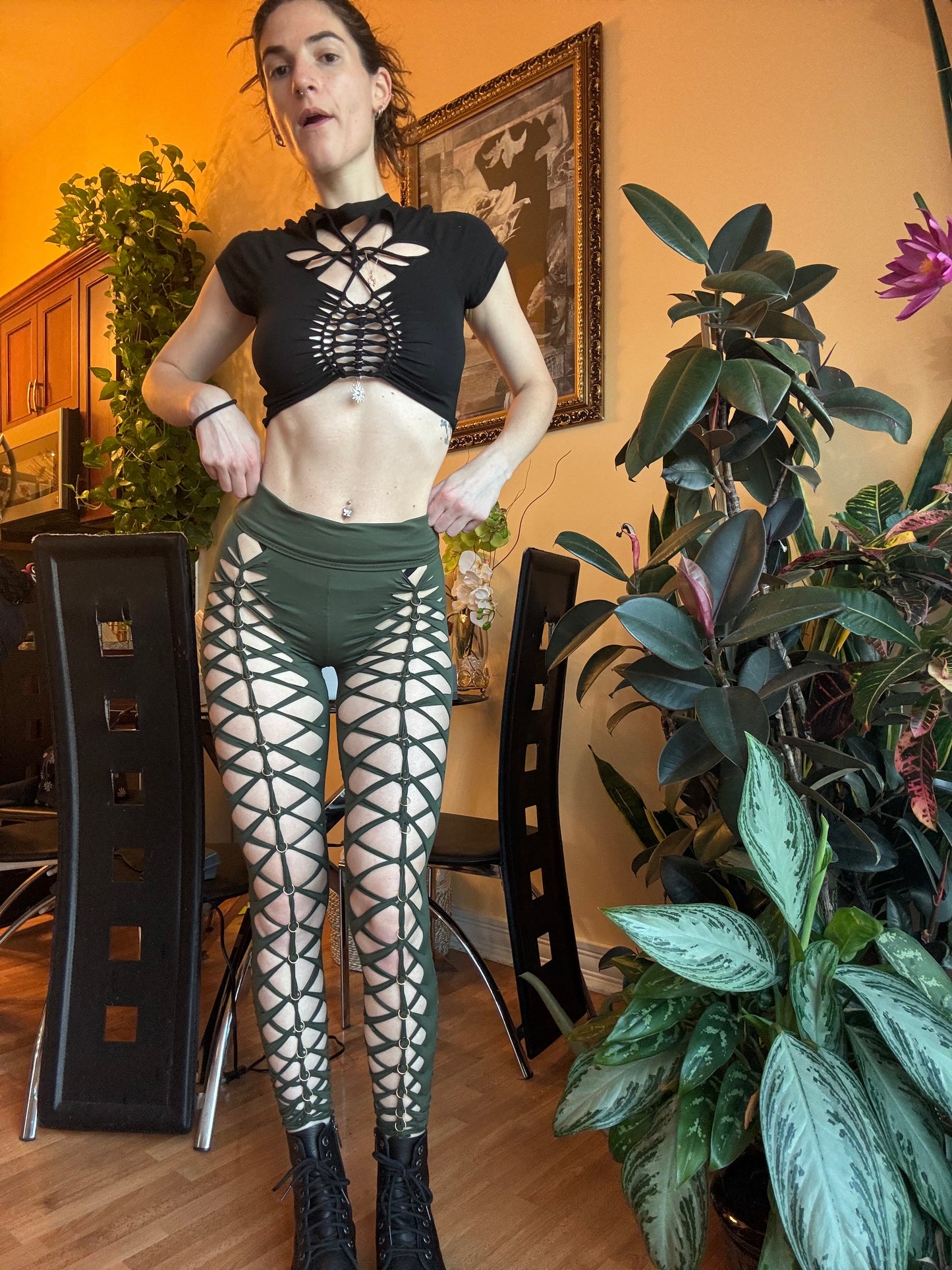 Olive green strappy buttery soft braided leggings