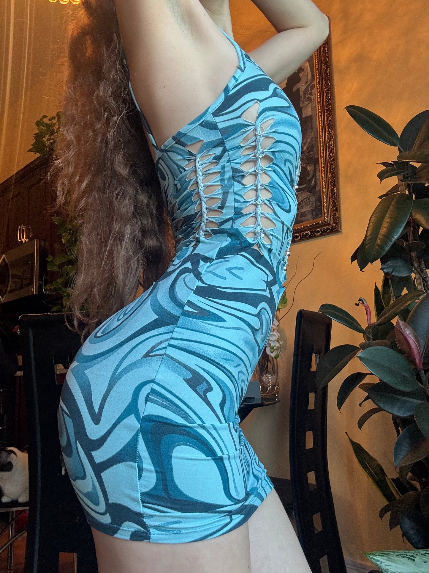 BLUE SWIRL SLITWEAVE DRESS