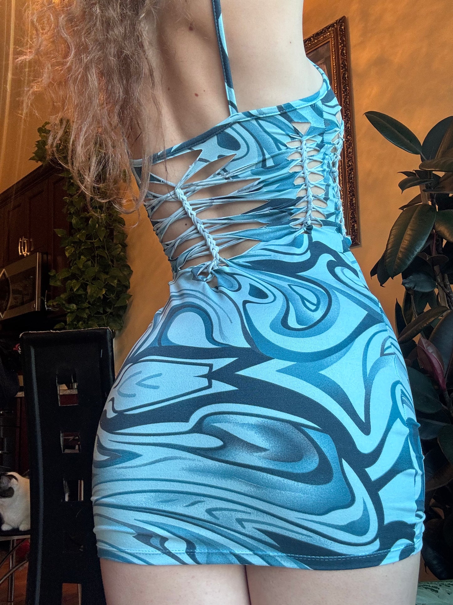 BLUE SWIRL SLITWEAVE DRESS