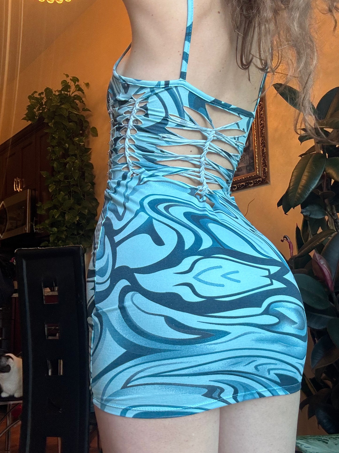 BLUE SWIRL SLITWEAVE DRESS