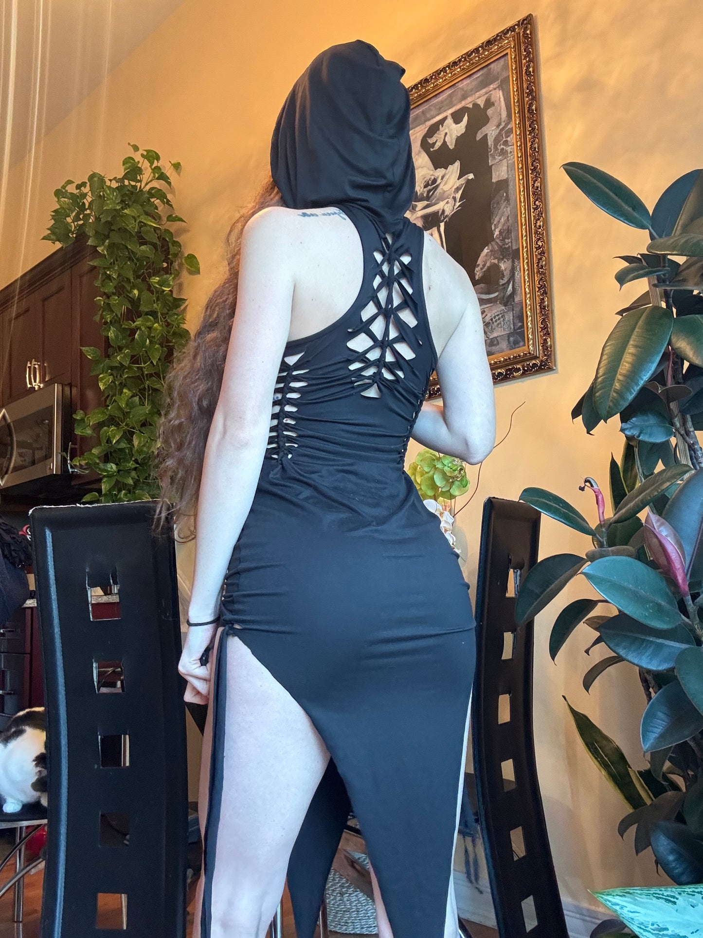 BLACK HOODED BRAIDED DRESS