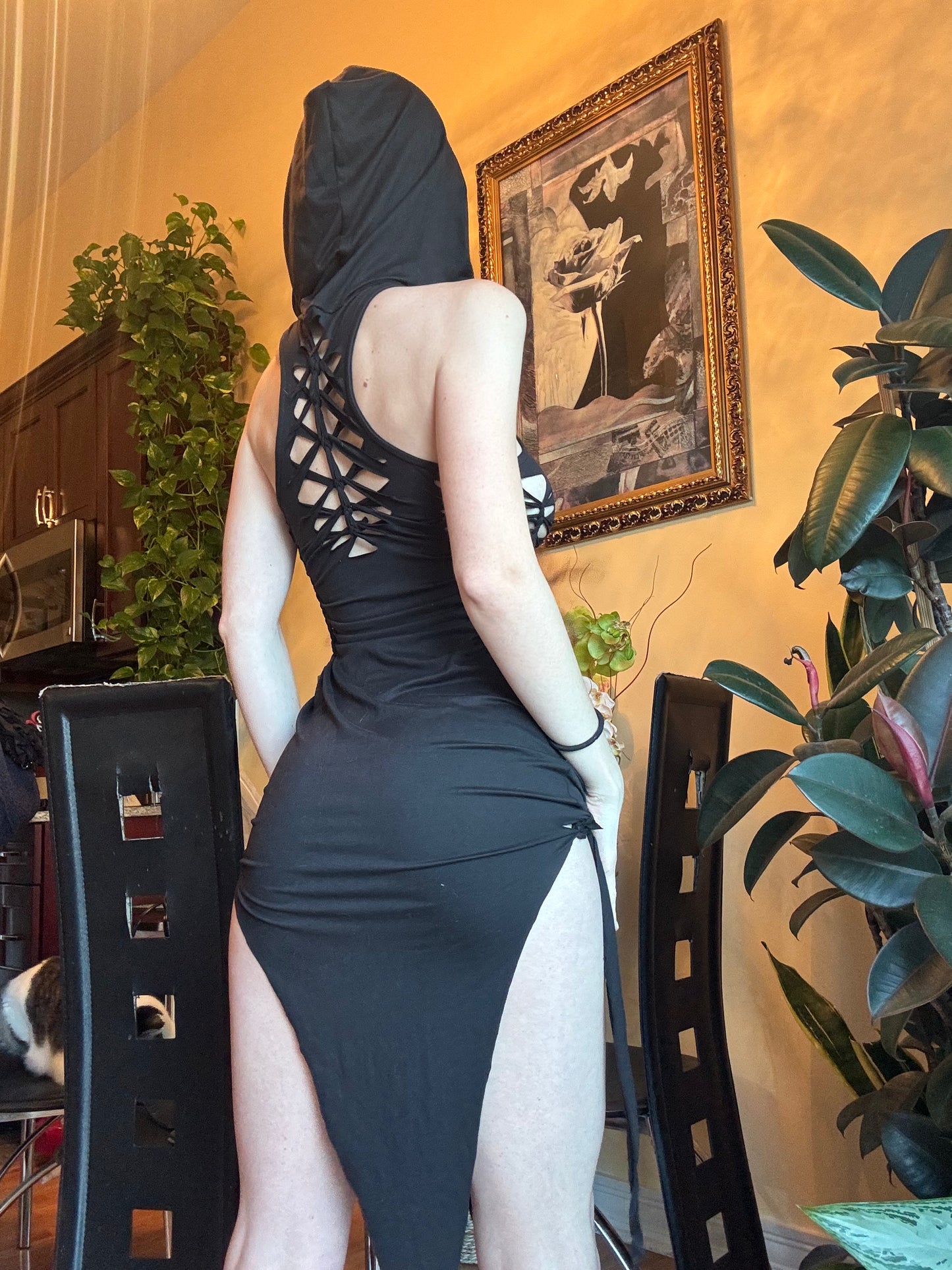 BLACK HOODED BRAIDED DRESS