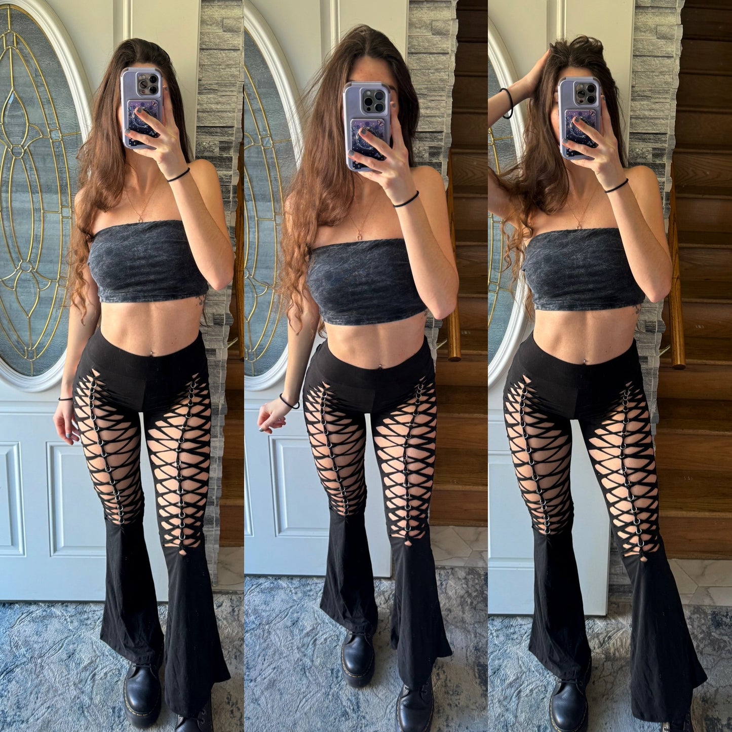 BLACK BRAIDED FLARE PANTS