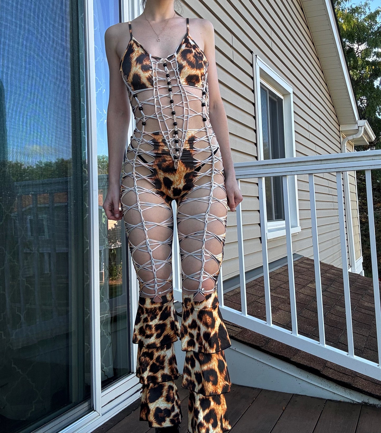 LEOPARD SLITWEAVE BRAIDED FLARE JUMPSUIT