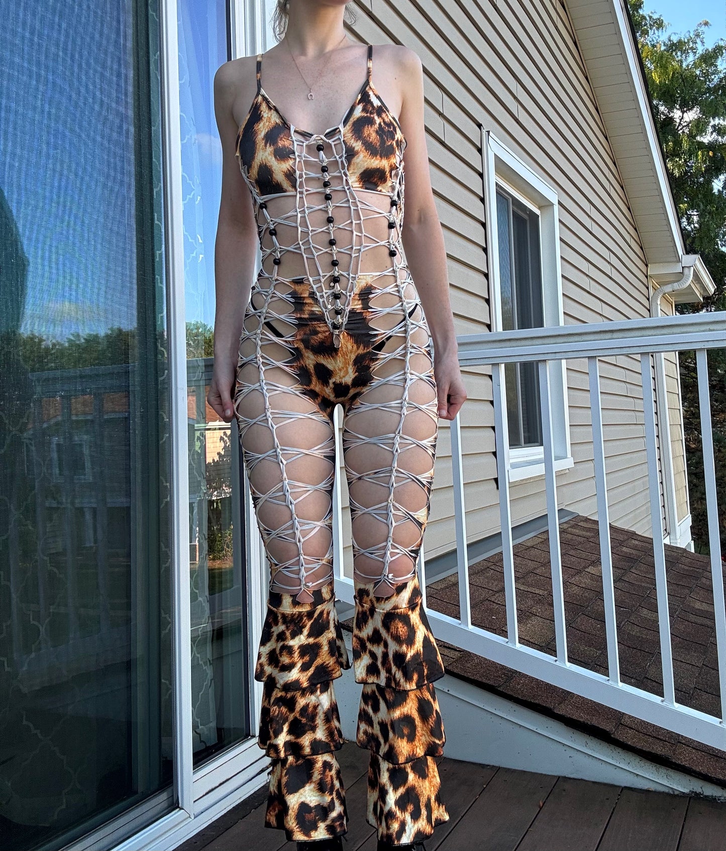 LEOPARD SLITWEAVE BRAIDED FLARE JUMPSUIT