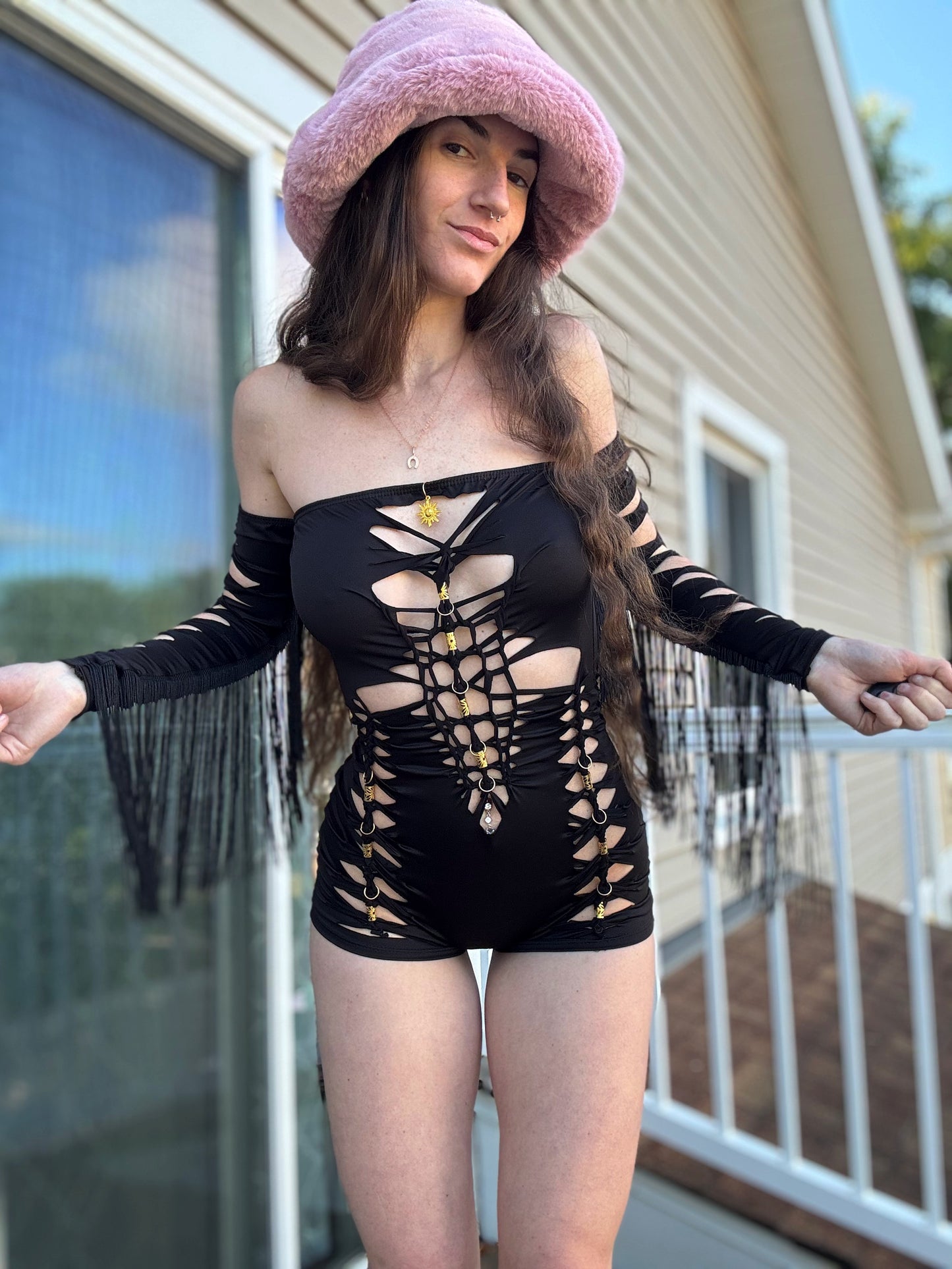 BLACK BRAIDED OFF SHOULDER FRINGE ROMPER