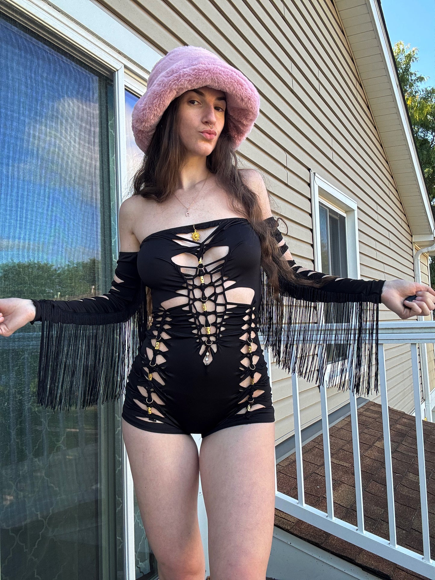 BLACK BRAIDED OFF SHOULDER FRINGE ROMPER