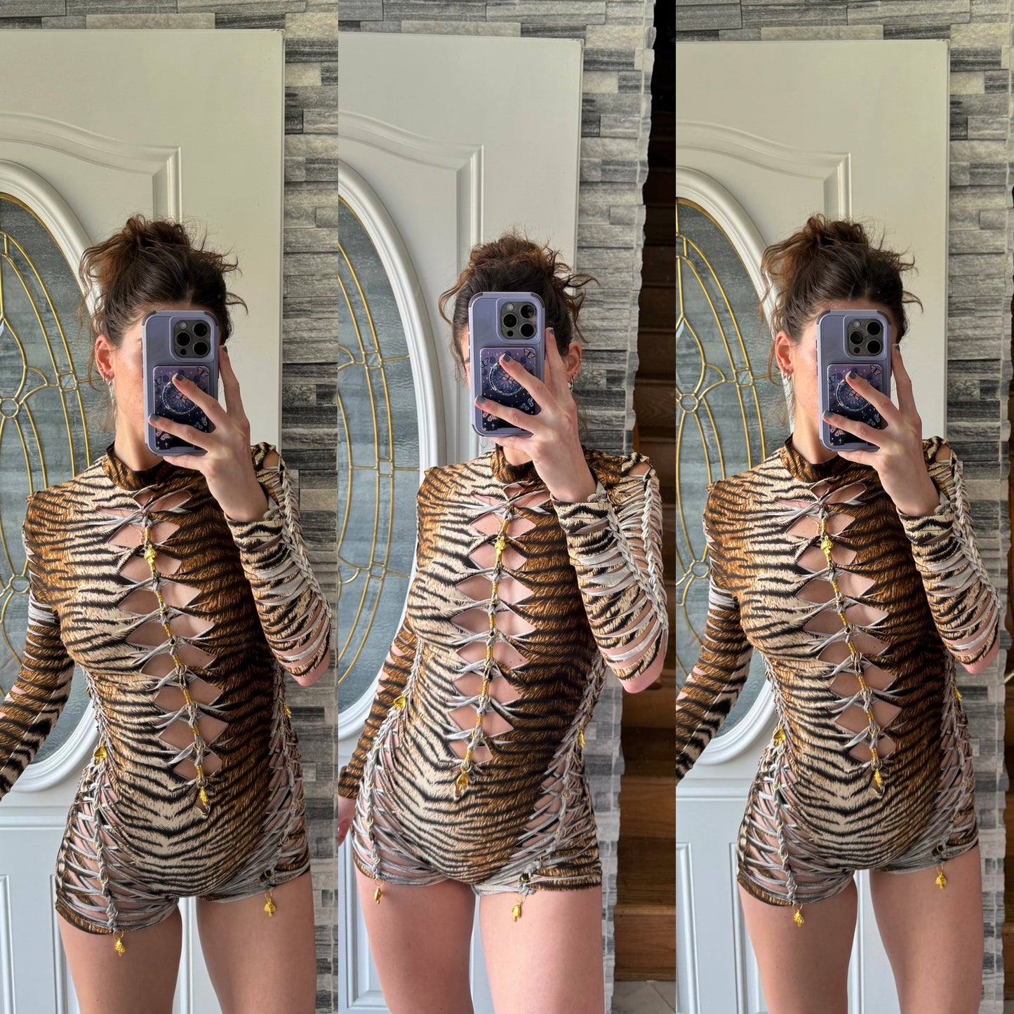 TIGER PRINT MOCK NECK ROMPER