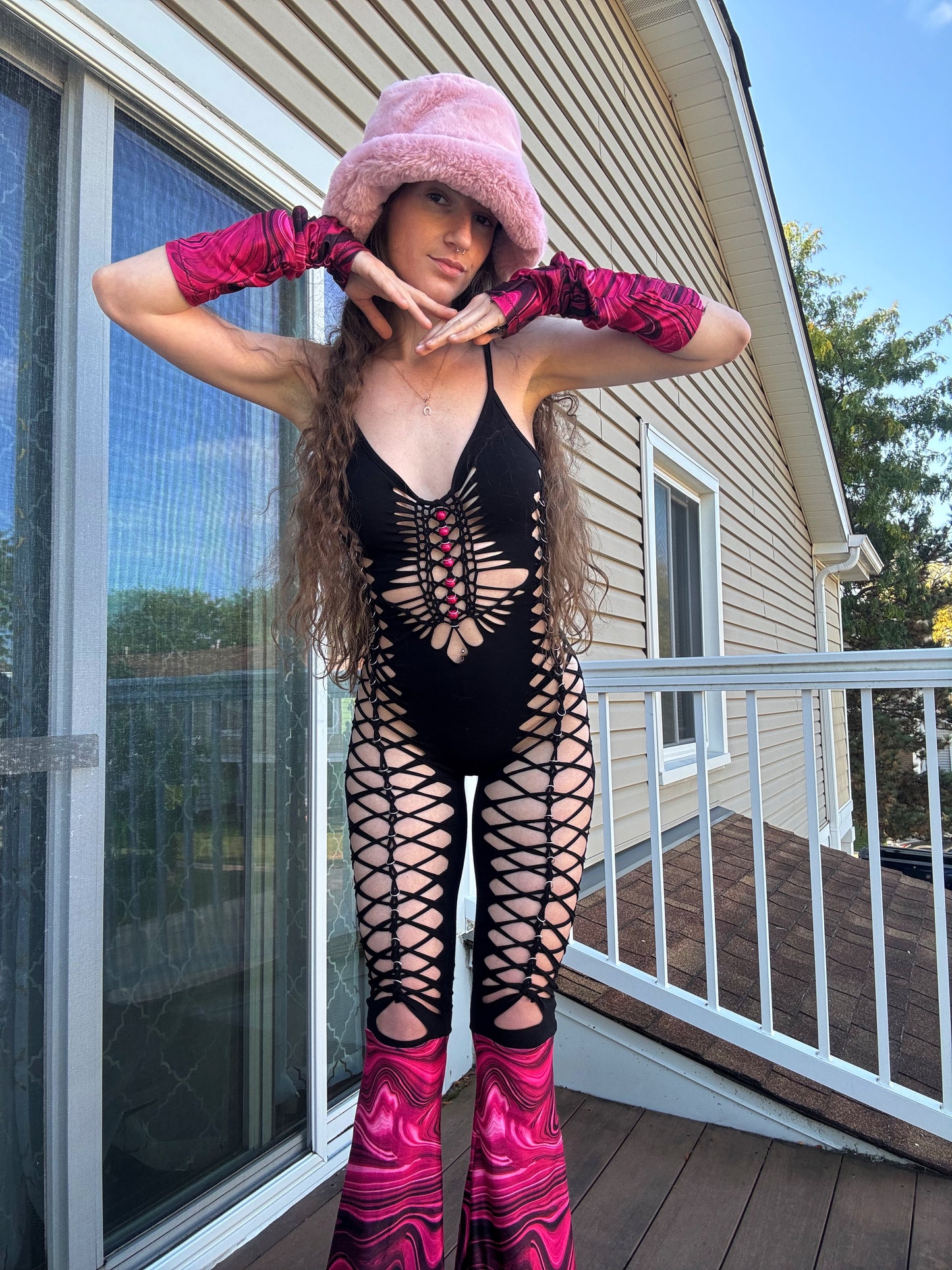 ONE OF ONE PINK MARBLE SLITWEAVE JUMPSUIT