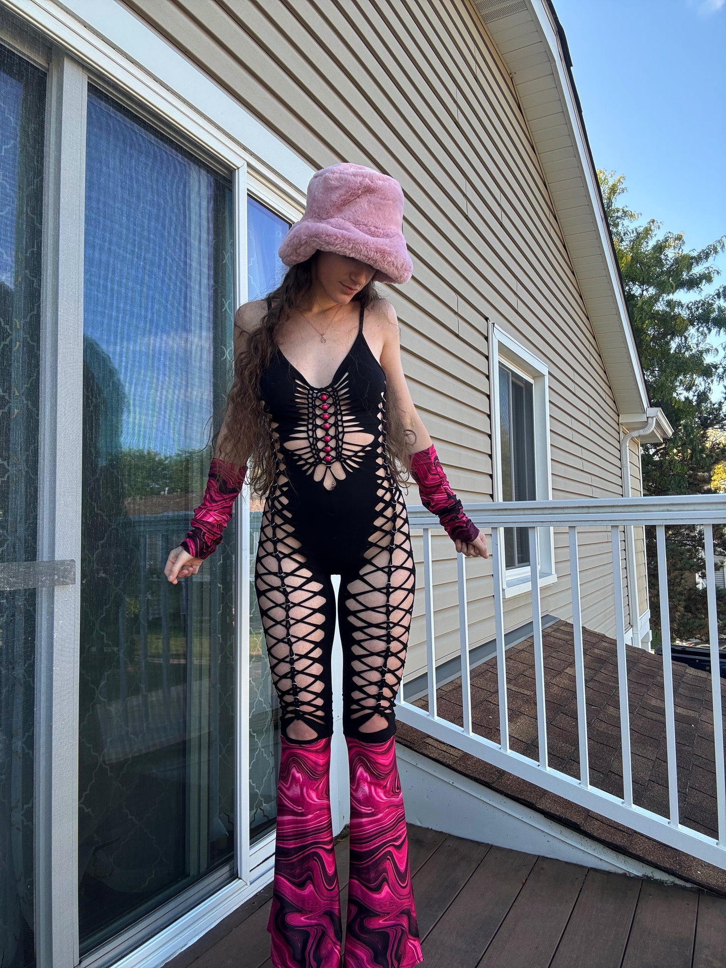 ONE OF ONE PINK MARBLE SLITWEAVE JUMPSUIT