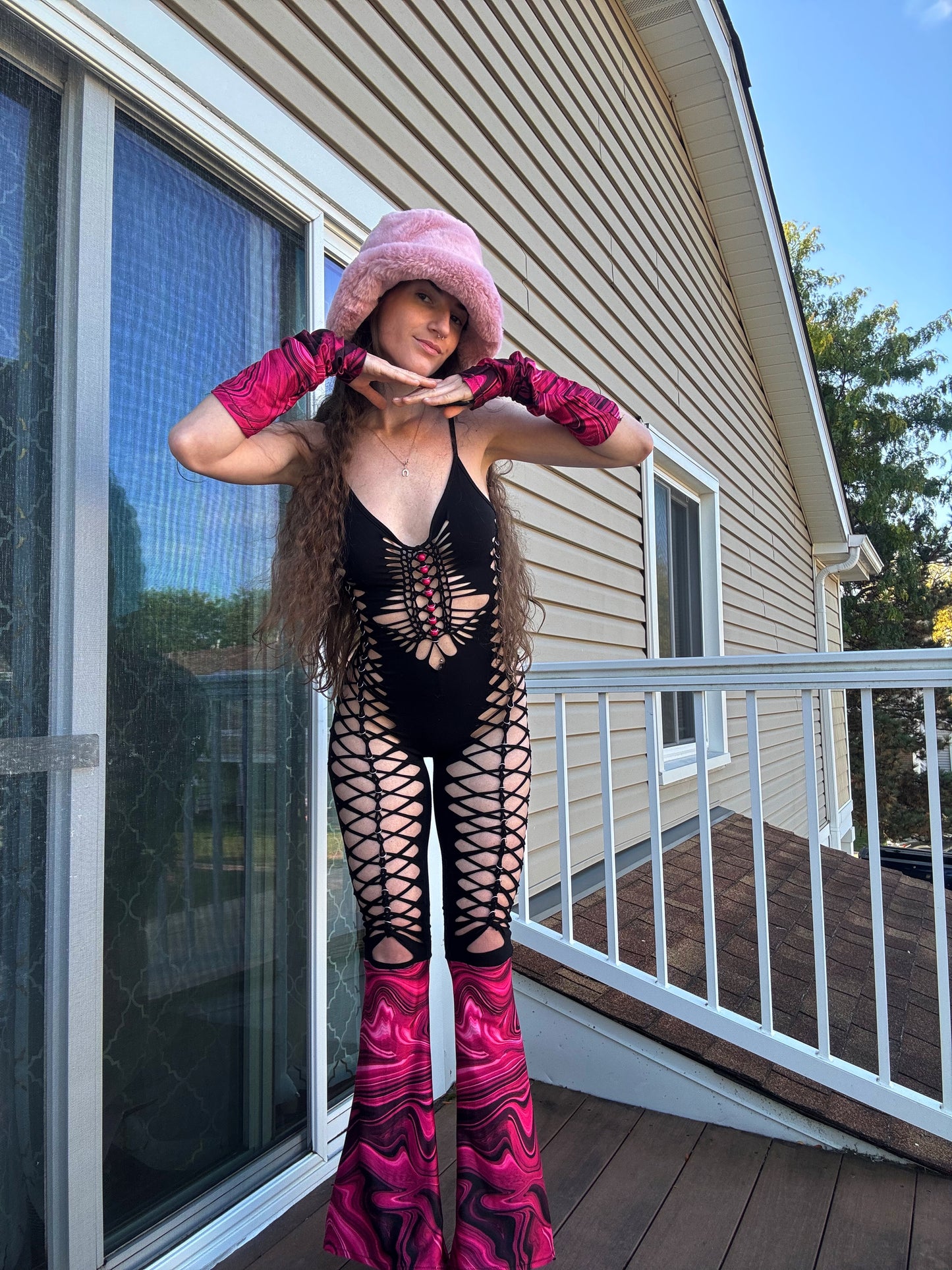 ONE OF ONE PINK MARBLE SLITWEAVE JUMPSUIT
