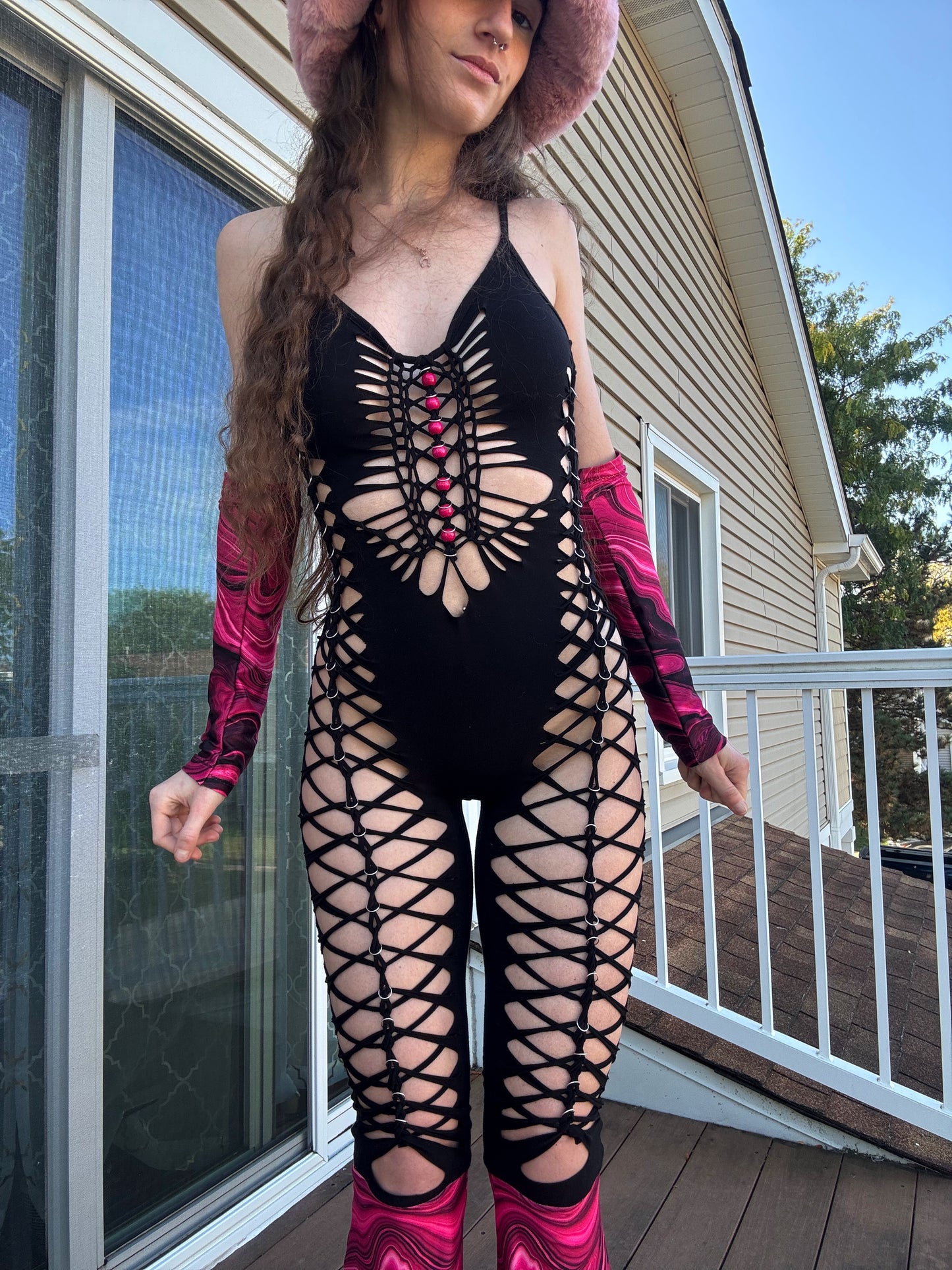 ONE OF ONE PINK MARBLE SLITWEAVE JUMPSUIT