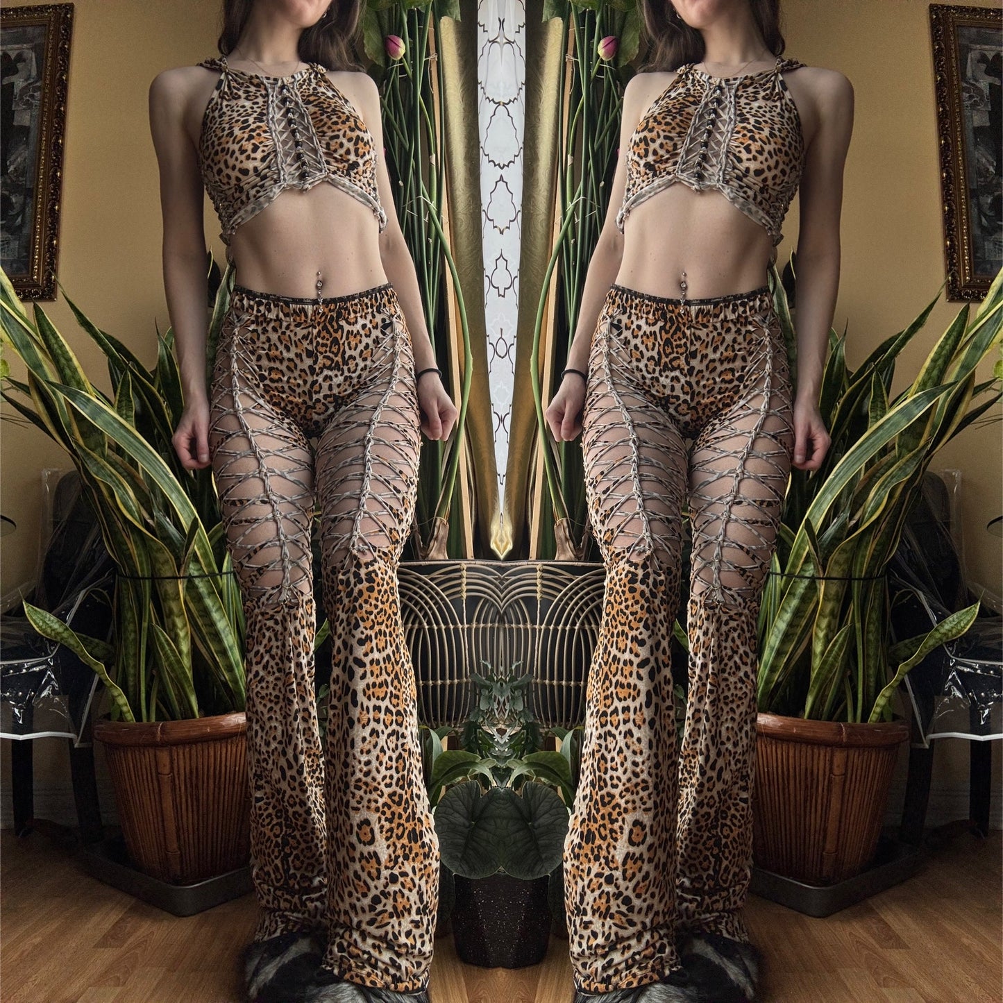 CHEETAH TWO PIECE SET - CROP HALTER TANK + FLARE PANTS