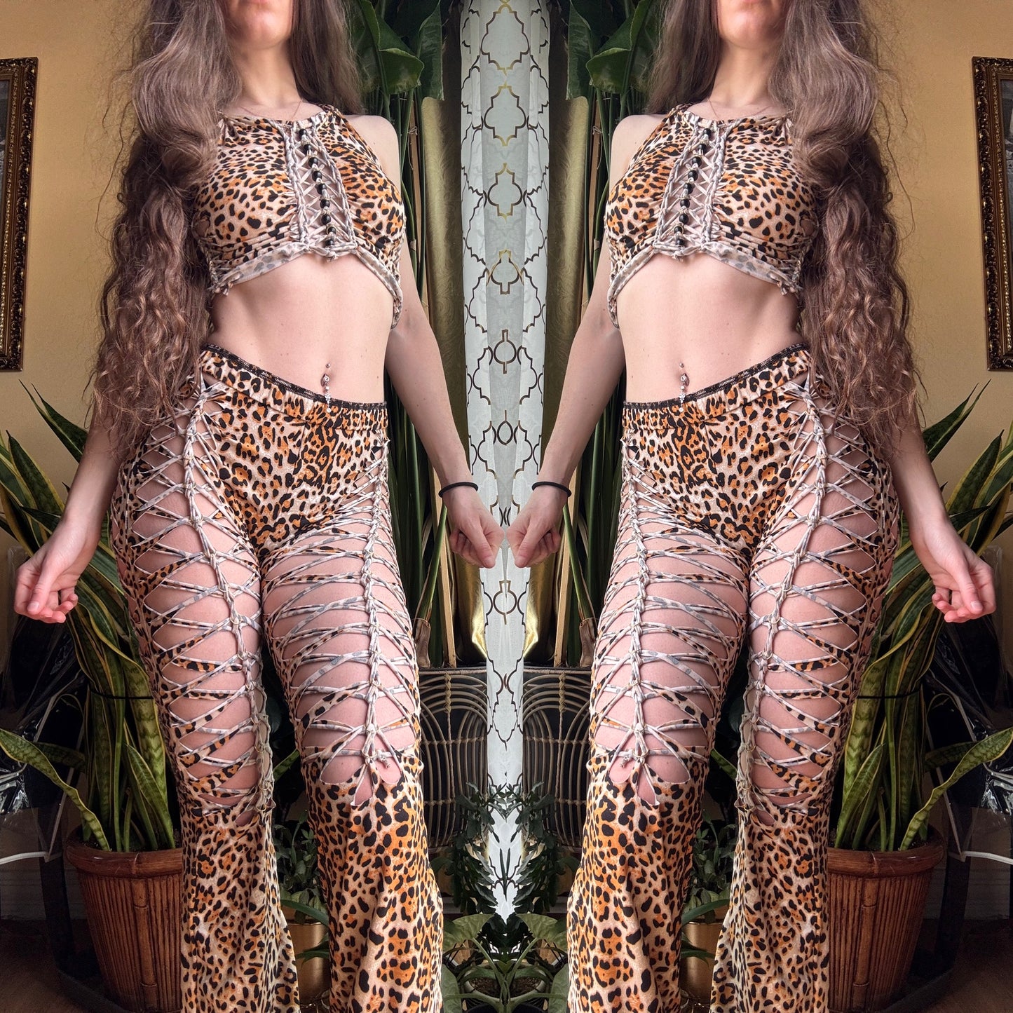 CHEETAH TWO PIECE SET - CROP HALTER TANK + FLARE PANTS