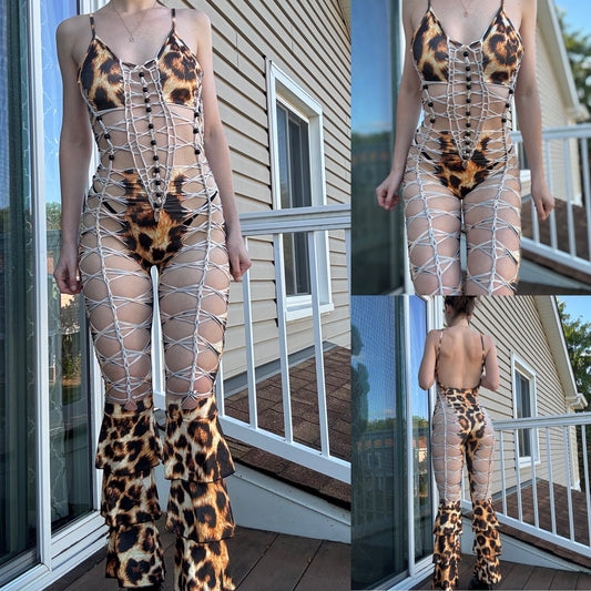 LEOPARD SLITWEAVE BRAIDED FLARE JUMPSUIT