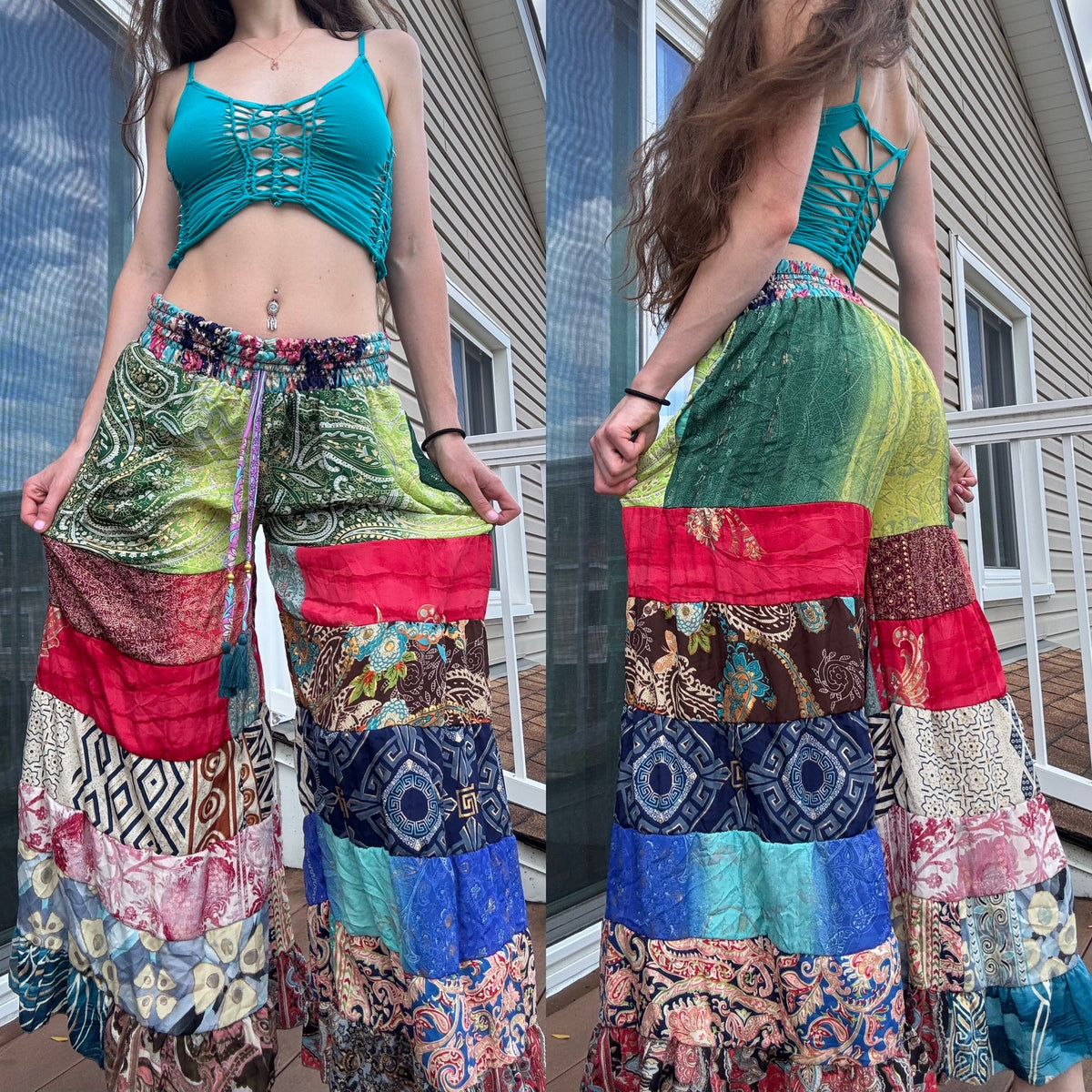 GREEN PAISLEY TONES FUNKY WIDE LEG BOHO PANTS