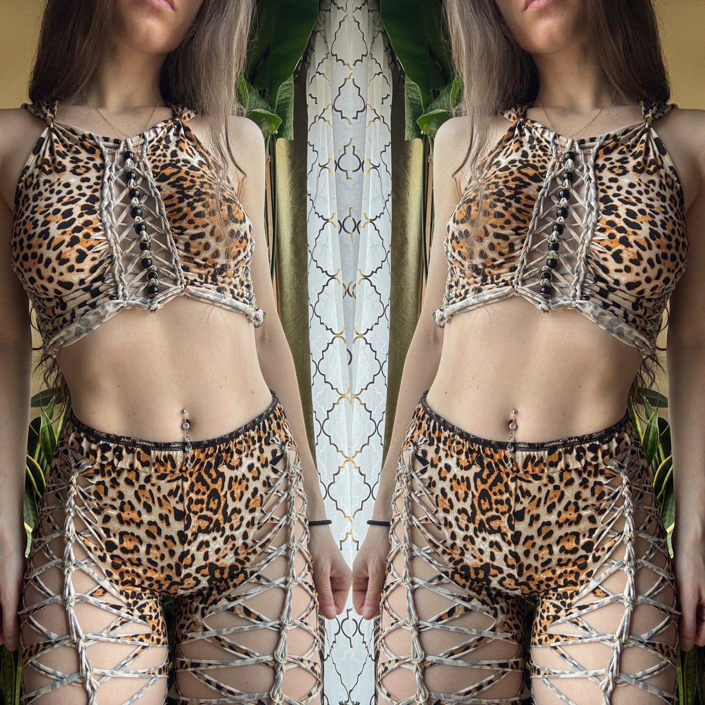 CHEETAH TWO PIECE SET - CROP HALTER TANK + FLARE PANTS