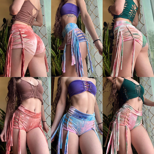 TIE DYE BRAIDED FRINGE SHORTS - SLITWEAVE SHORTS