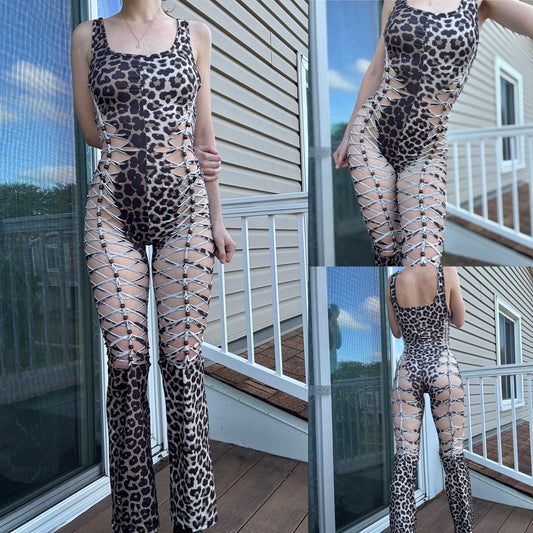 SIDE SLIT LEOPARD BRAIDED FLARE JUMPSUIT