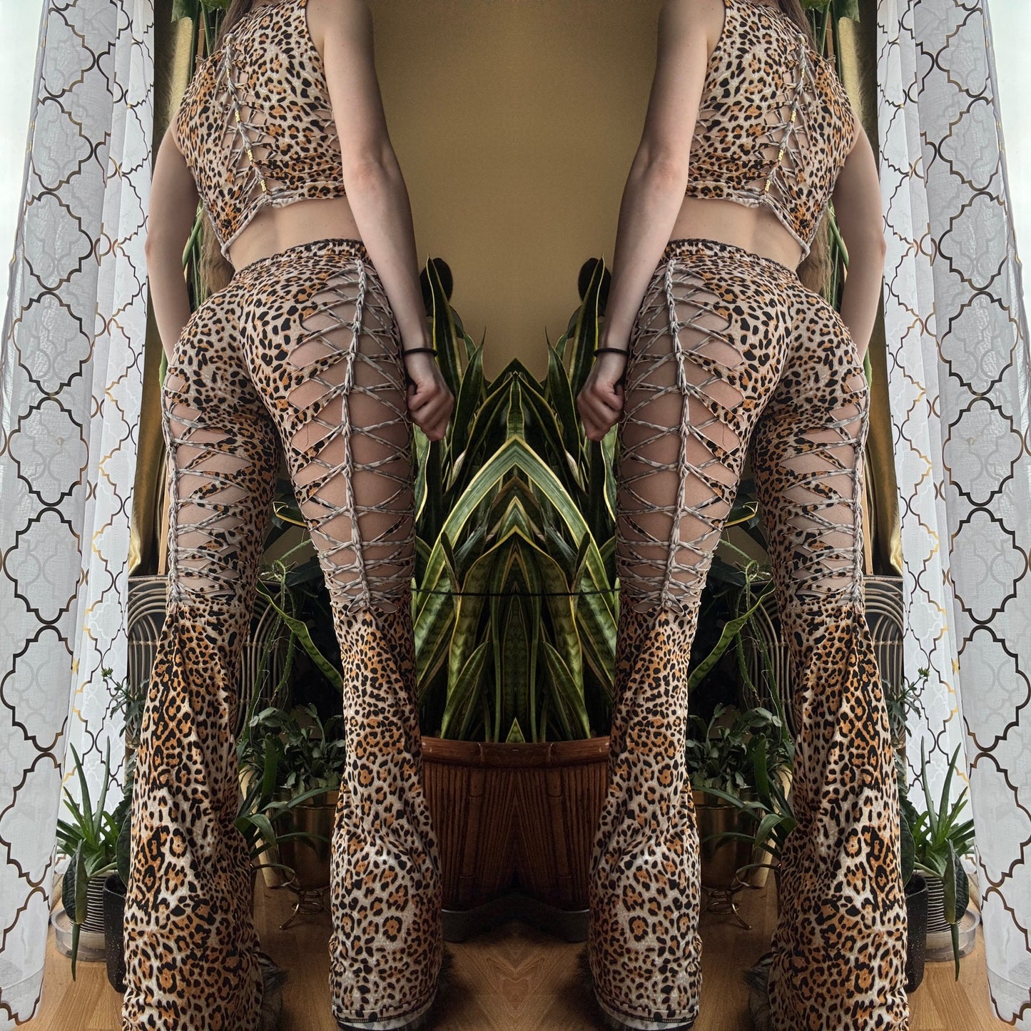 CHEETAH TWO PIECE SET - CROP HALTER TANK + FLARE PANTS