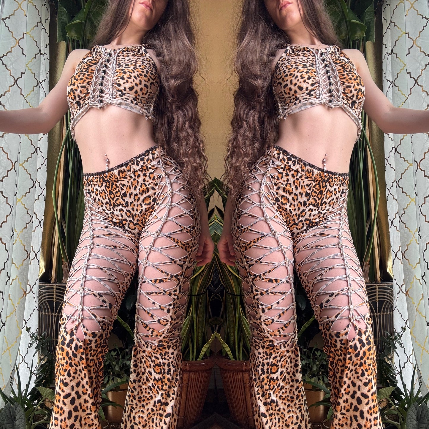 CHEETAH TWO PIECE SET - CROP HALTER TANK + FLARE PANTS