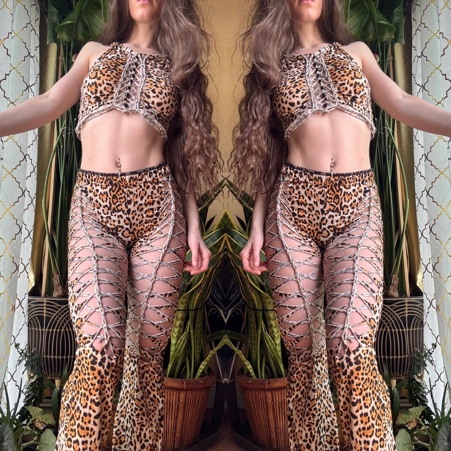 CHEETAH TWO PIECE SET - CROP HALTER TANK + FLARE PANTS