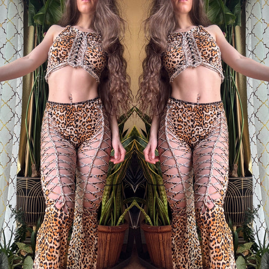 CHEETAH TWO PIECE SET - CROP HALTER TANK + FLARE PANTS