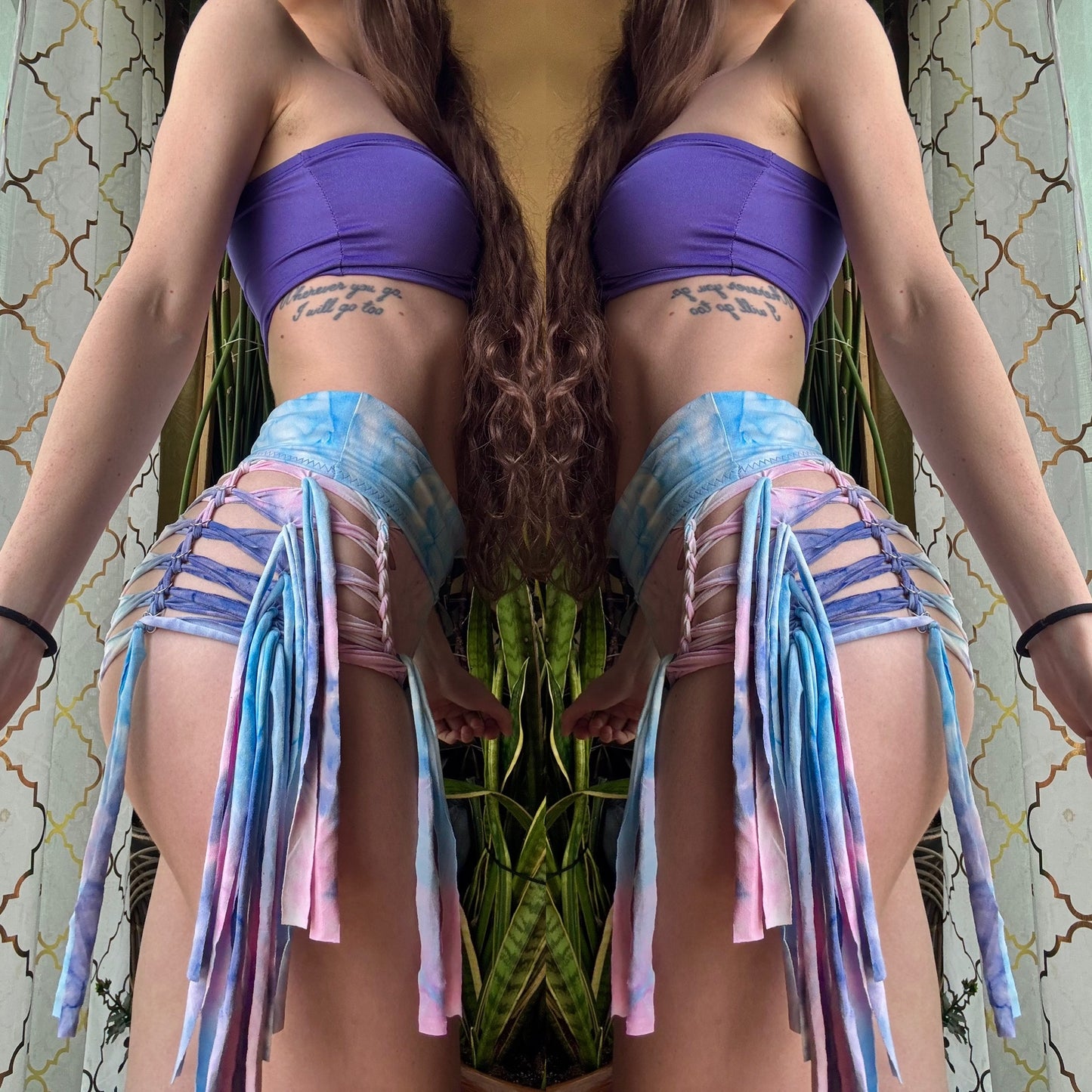 TIE DYE BRAIDED FRINGE SHORTS - SLITWEAVE SHORTS