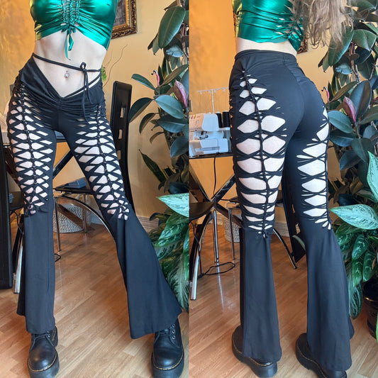 BLACK SCRUNCH WAIST FLARES WITH TIES