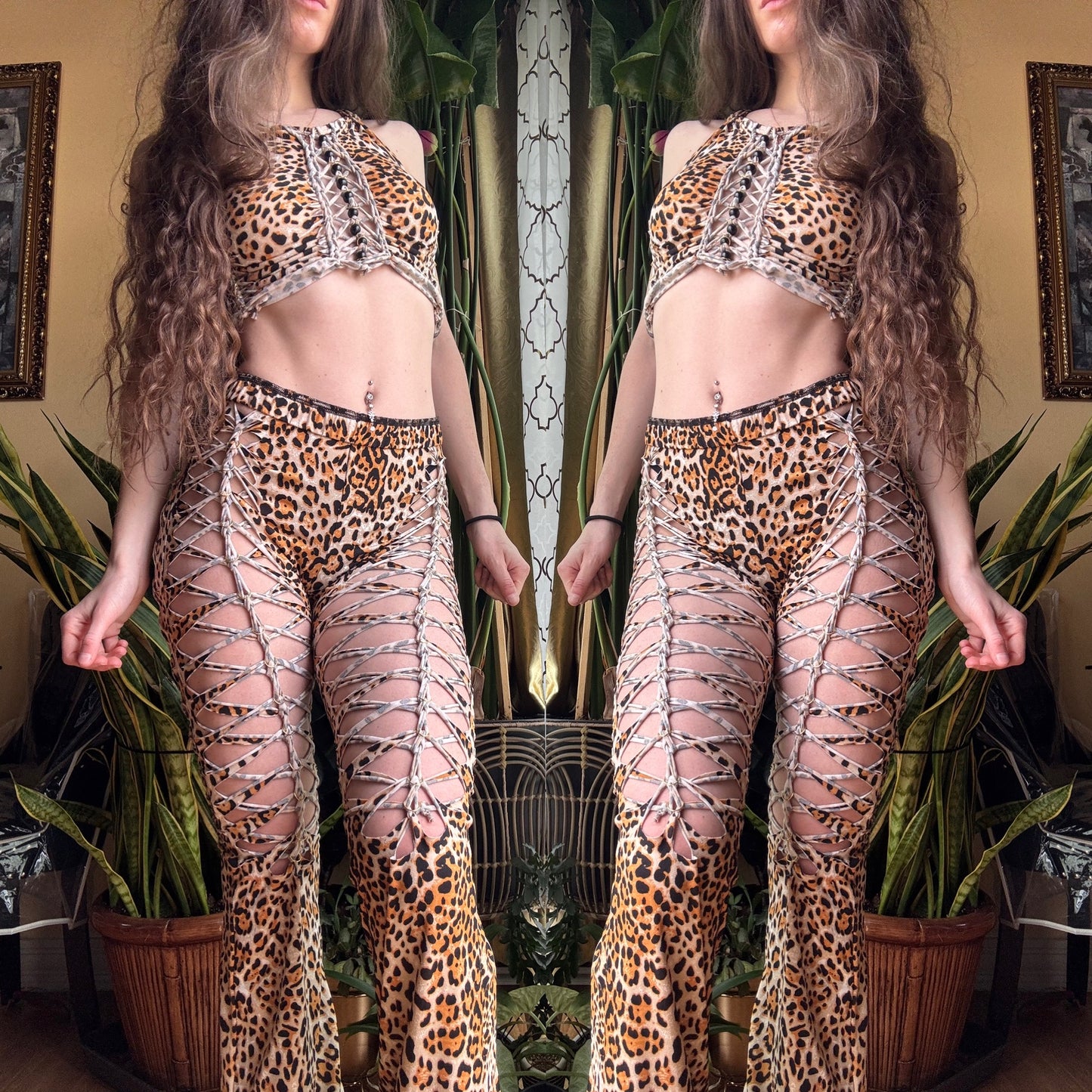 CHEETAH TWO PIECE SET - CROP HALTER TANK + FLARE PANTS