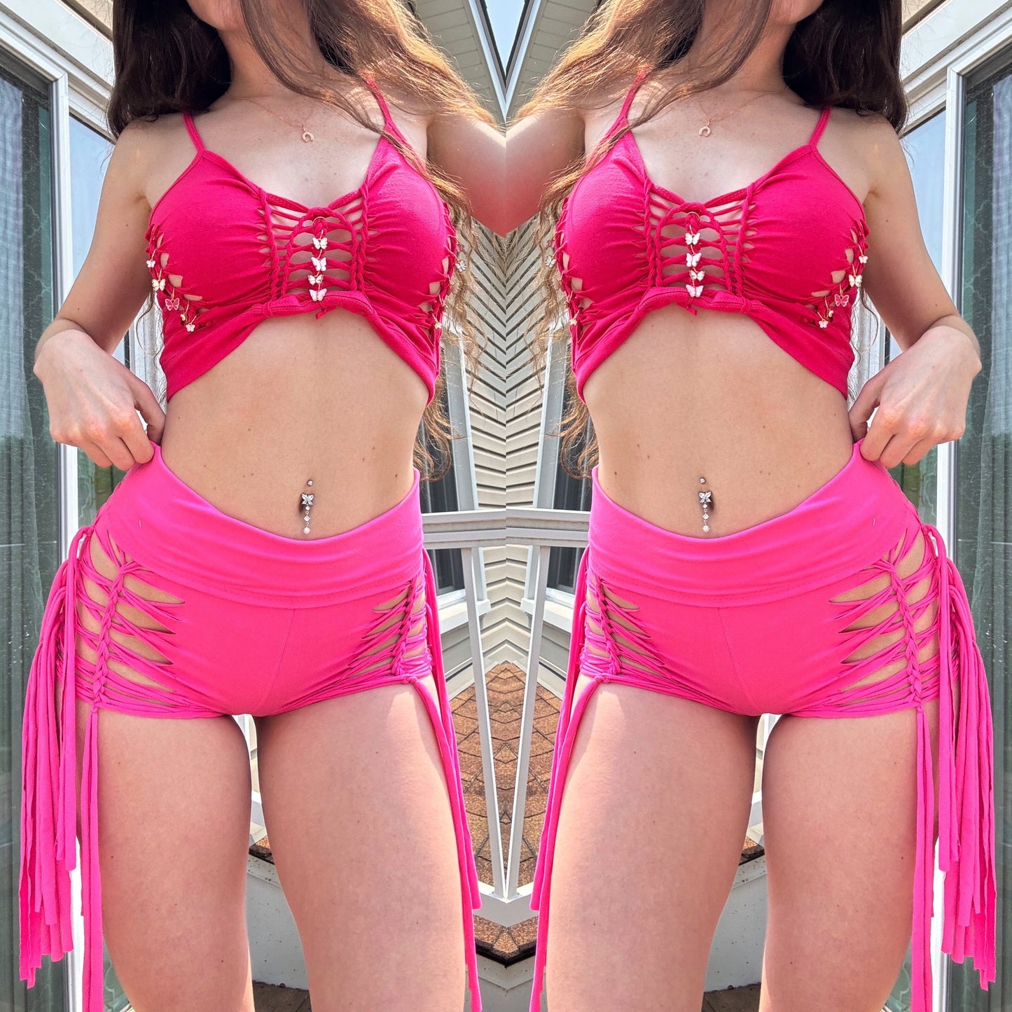 PINK BUTTERY SOFT BRAIDED FRINGE SHORTS